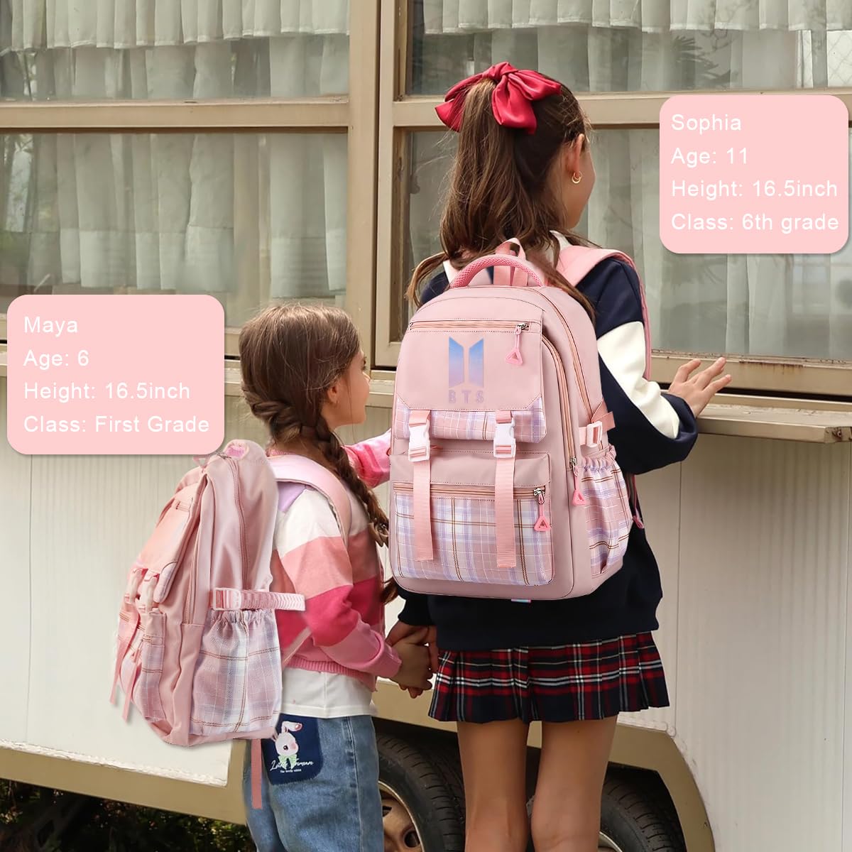 PALAY BTS Backpack for School Girls 6-12 Years Old Teens Fashion Checked Print BTS School Backpack Large Multi Layer Book Bag Travel Backpack for Teens Students School Gift for Girls, Pink