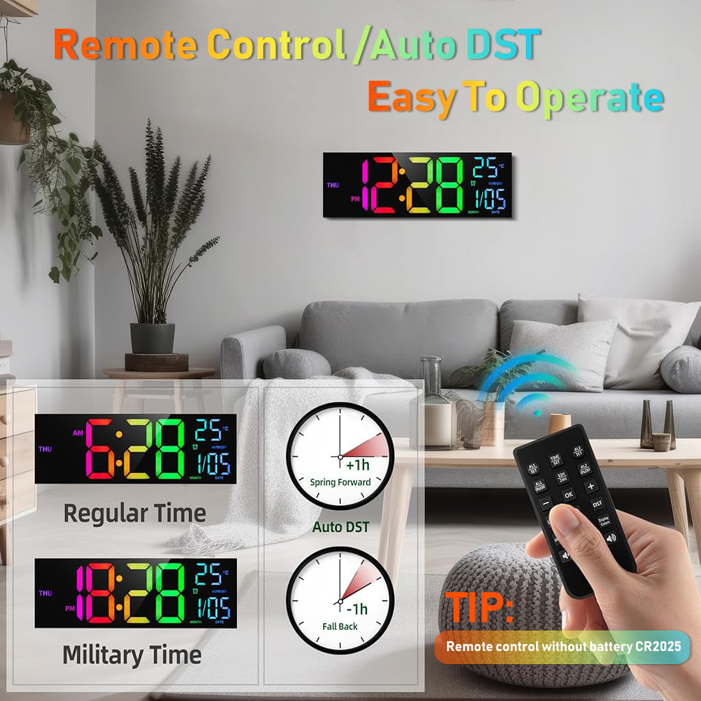 HASTHIP 16'' 8 Colors Wall Digital Alarm Clock with Remote Control, Large Digital Clock with Temperature, Date, Auto DST, Night Light, Auto Brightness Dimmer, Wall Clock for Living Room Office