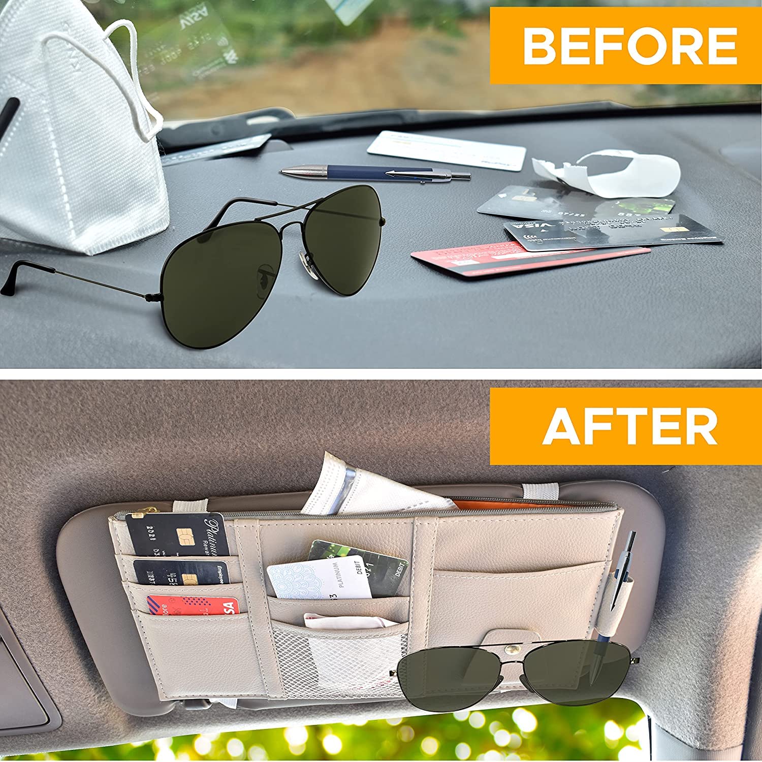 STHIRA Car Sun Visor Organizer for Cards and Sunglasses with Two Elastic Bands | Grey PU Leather 12 x 6 in Storage Pouch