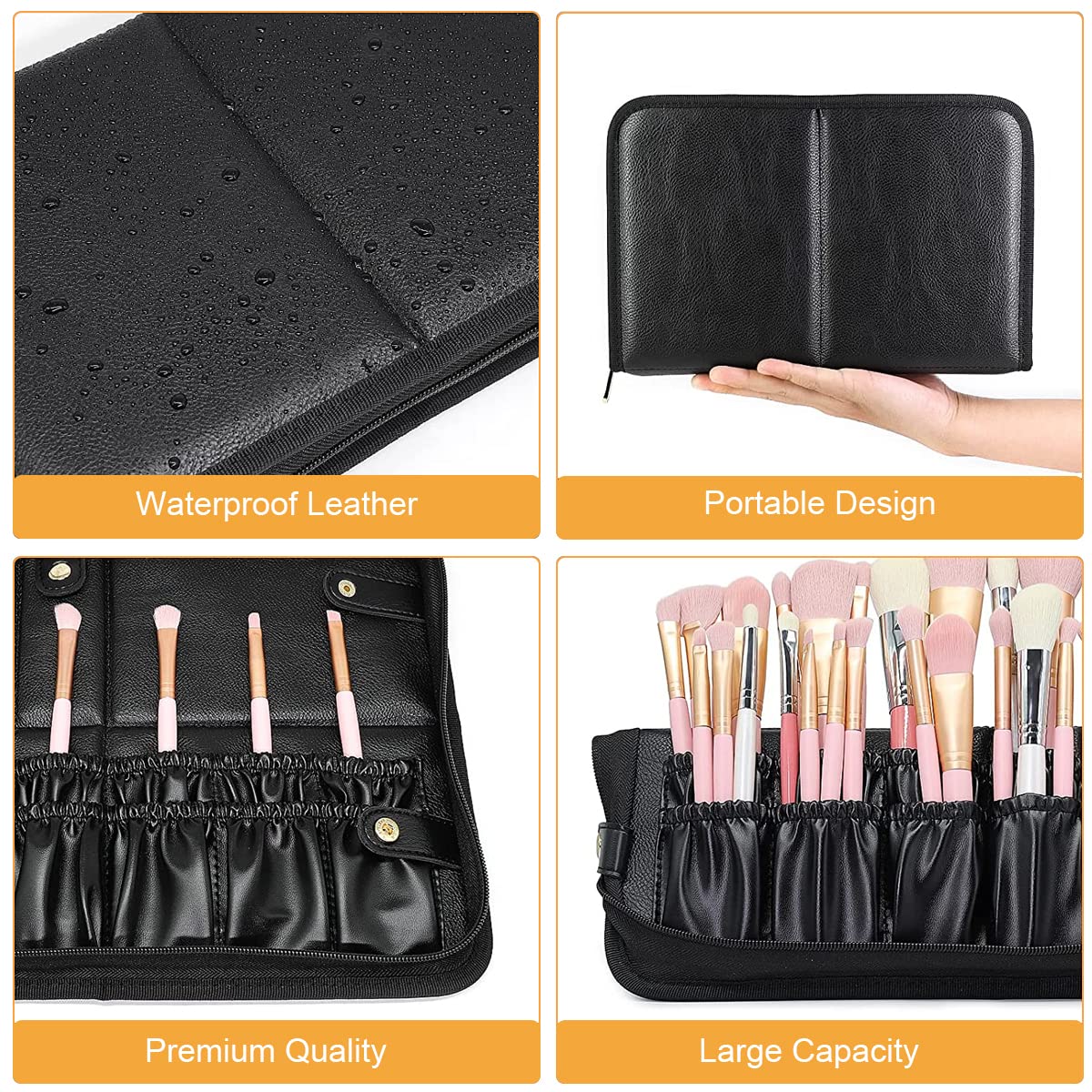 MAYCREATE Makeup Brush Holder Bag for Travel with 29 Elastic Sleeves and Full Open Zipper Design | PU Case Storage Organizer
