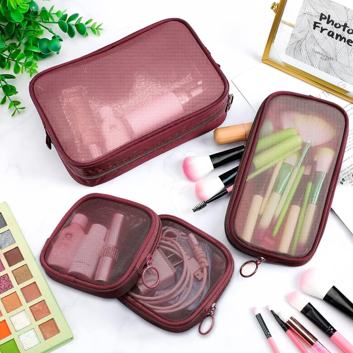 MAYCREATE Zipper Pouches Combo for Travel and Work featuring 8PCS in 4 Sizes Mesh Bags | Burgundy Red Nylon Cosmetic Organizer