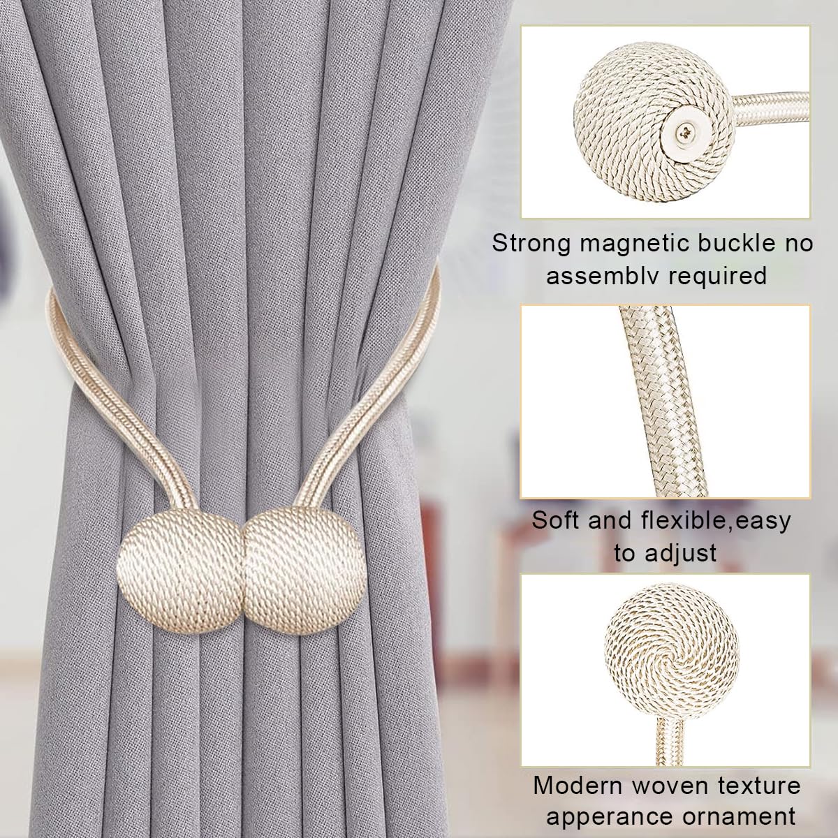 HASTHIP Magnetic Curtain Tiebacks for Home and Office Featuring 40cm Rope & Anti Rust Magnets | 8Pcs Beige Set