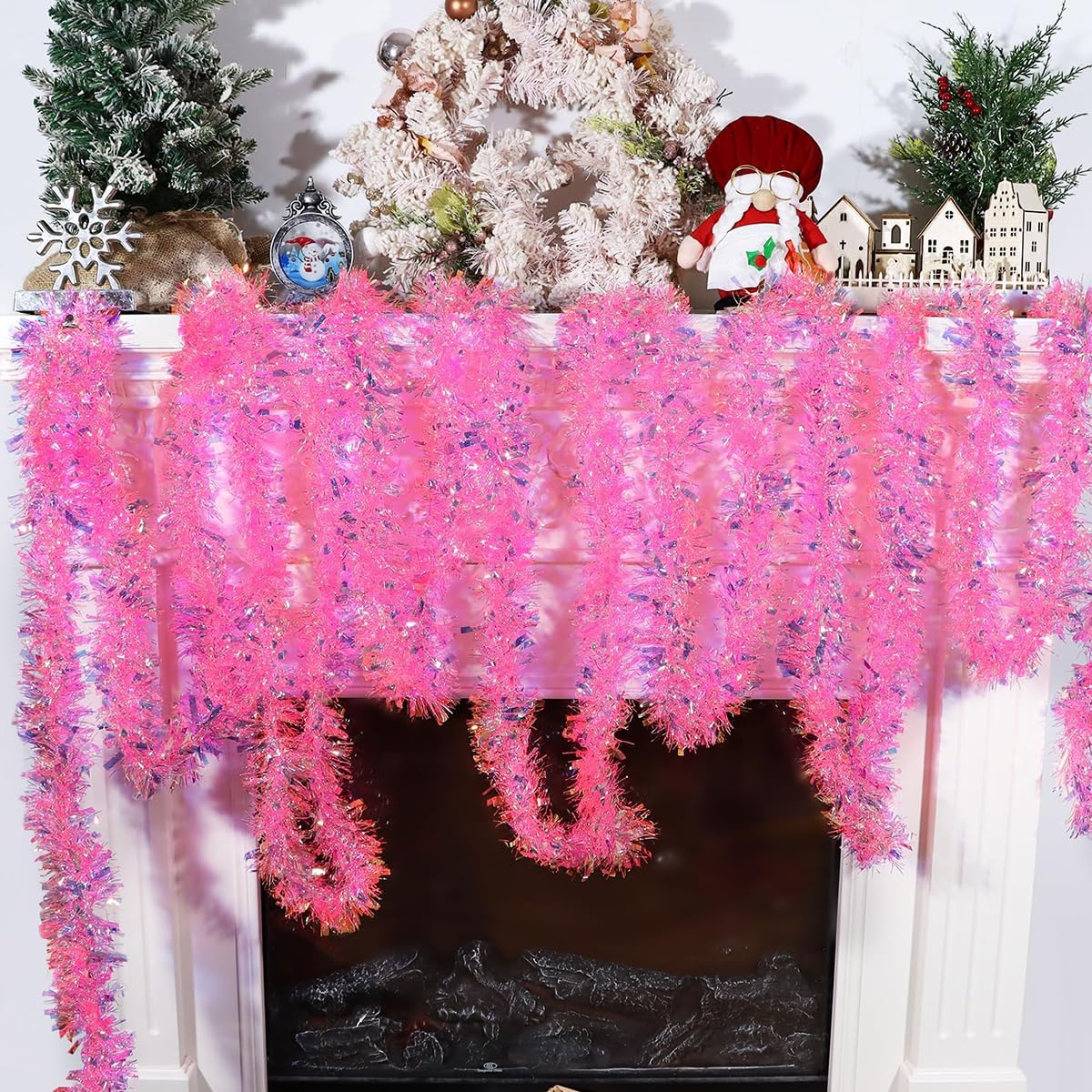 HASTHIP Pink Christmas Tinsel Garland for Trees and Parties featuring Shiny Metallic Fringe 16.4ft