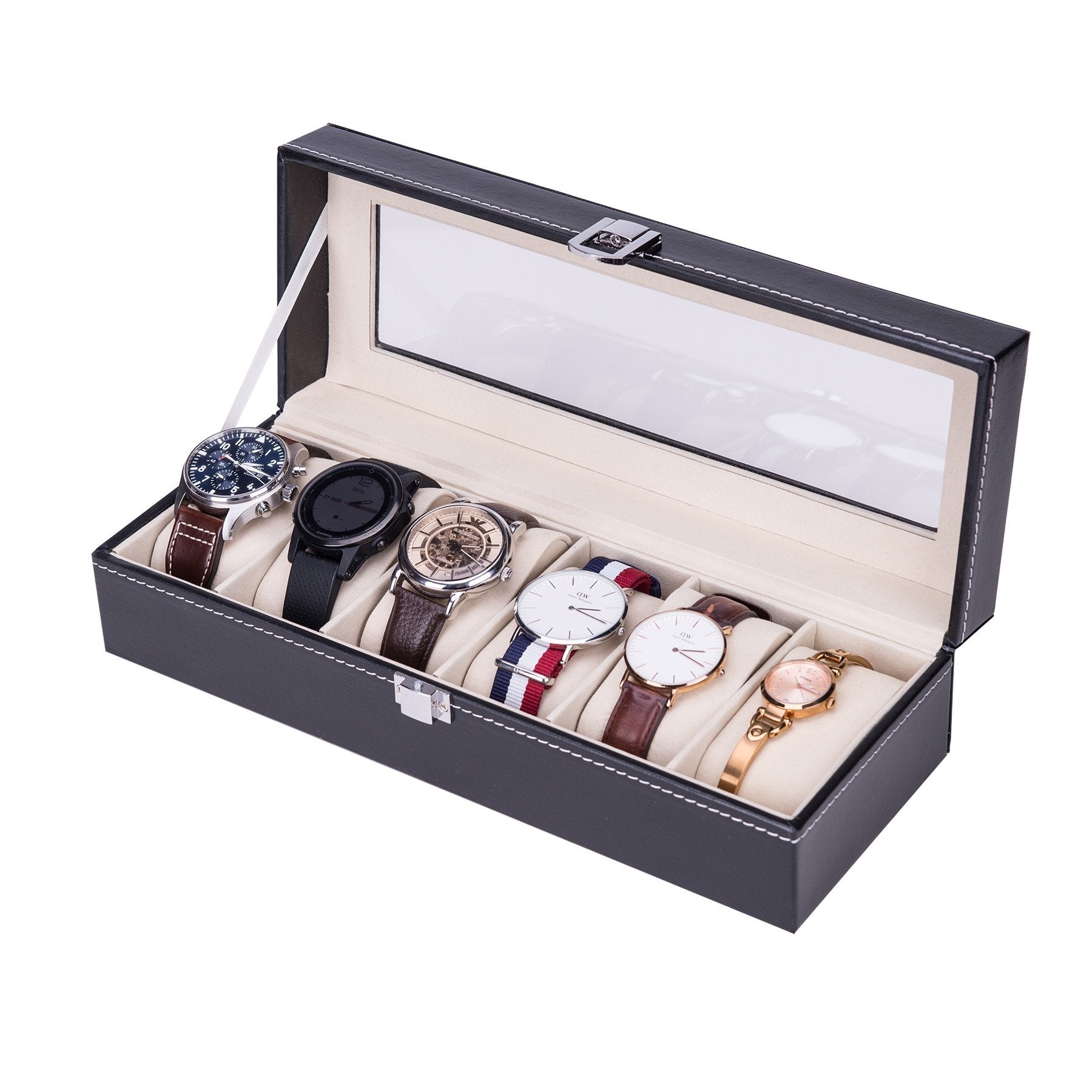 HASTHIP® Watch Box 6 Slots, Leather Watch Storage Box with Lock & Transparent Window, Watch Case Black Watch Box - Pu Material Waterproof (No Watch)