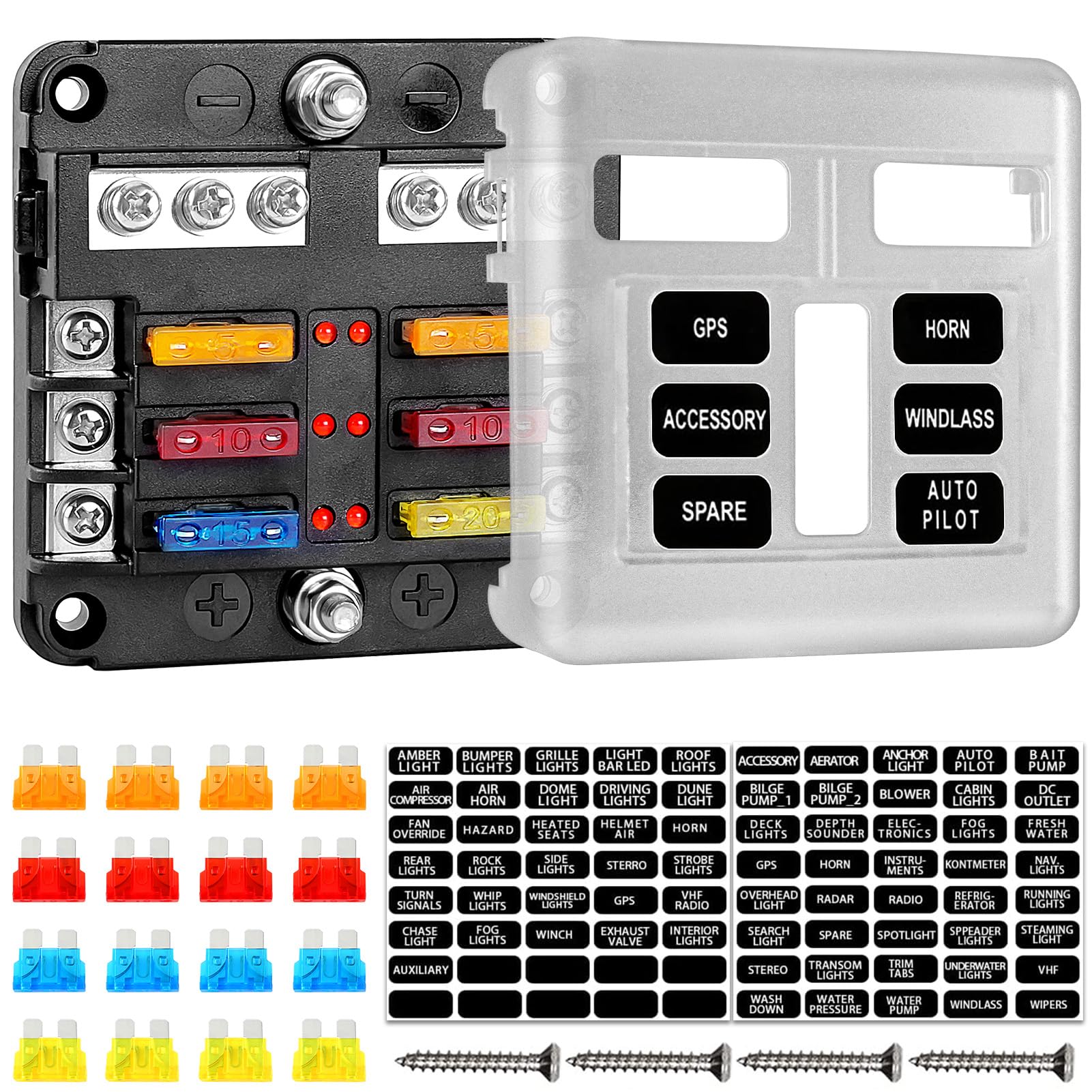 STHIRA® Fuse Block, 12v Fuse Box Holder with Led Warning Indicator Waterpoof Cover, 6 Circuit Marine