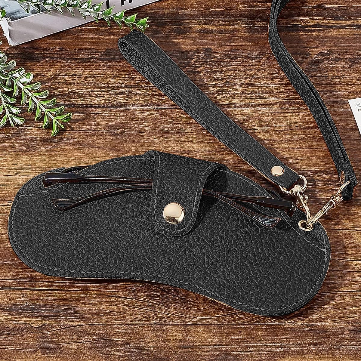 PALAY Sunglasses Case for Travel with 44.5cm Wrist Strap and Snap Button Closure | Black PU Leather