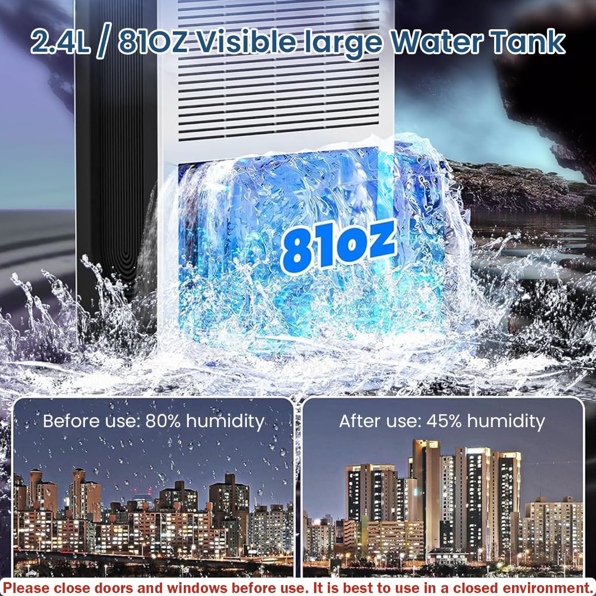 HANNEA Dehumidifier for Bedroom and Closet with 2.4L Tank and Dual Drainage | 1.1L/Day Capacity