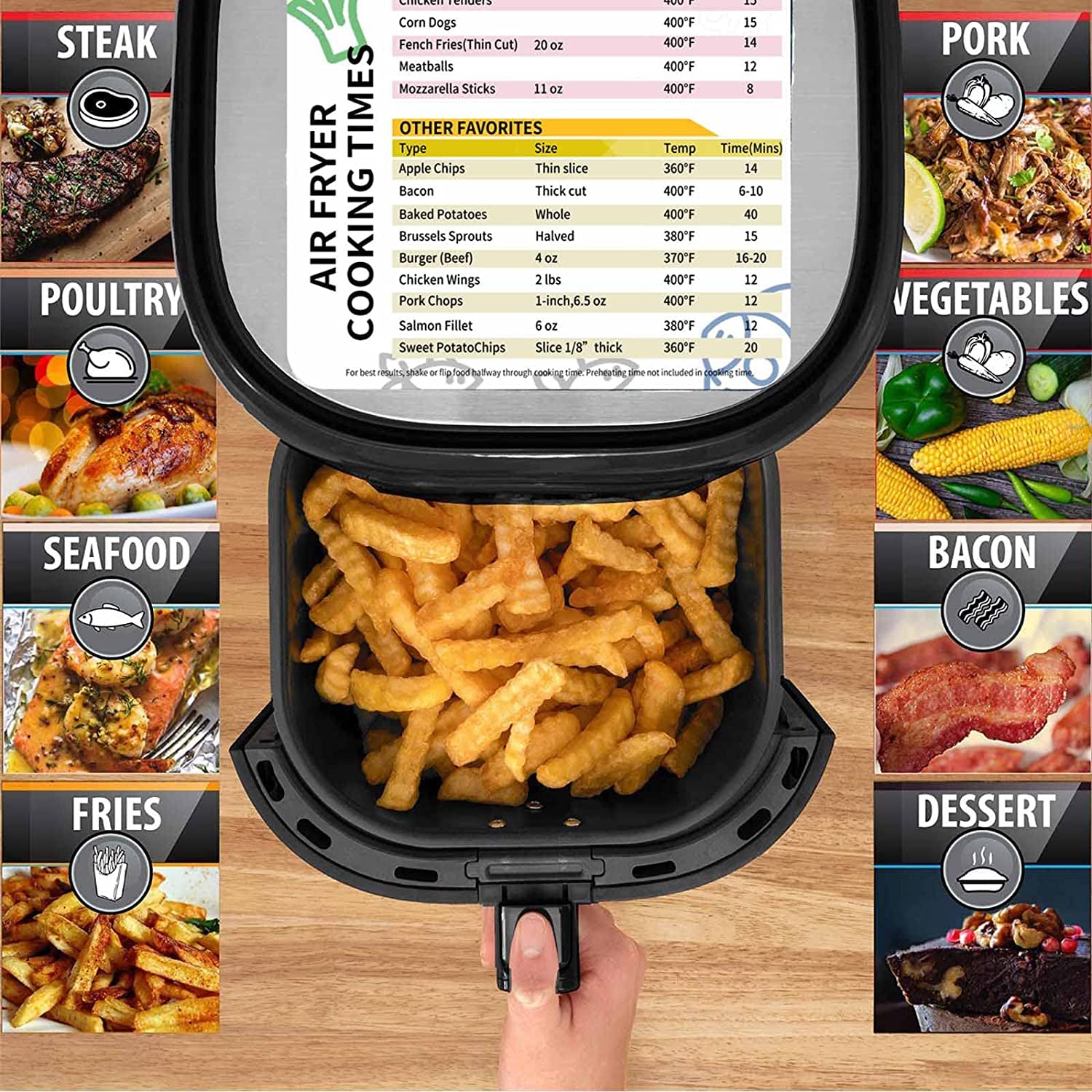 Supvox Air Fryer Magnetic Cheat Sheet, Air Fryer Cook Times Guide, Time-Temperature Reference Sheet, Cooking Time Guide for Various Dishes (White)