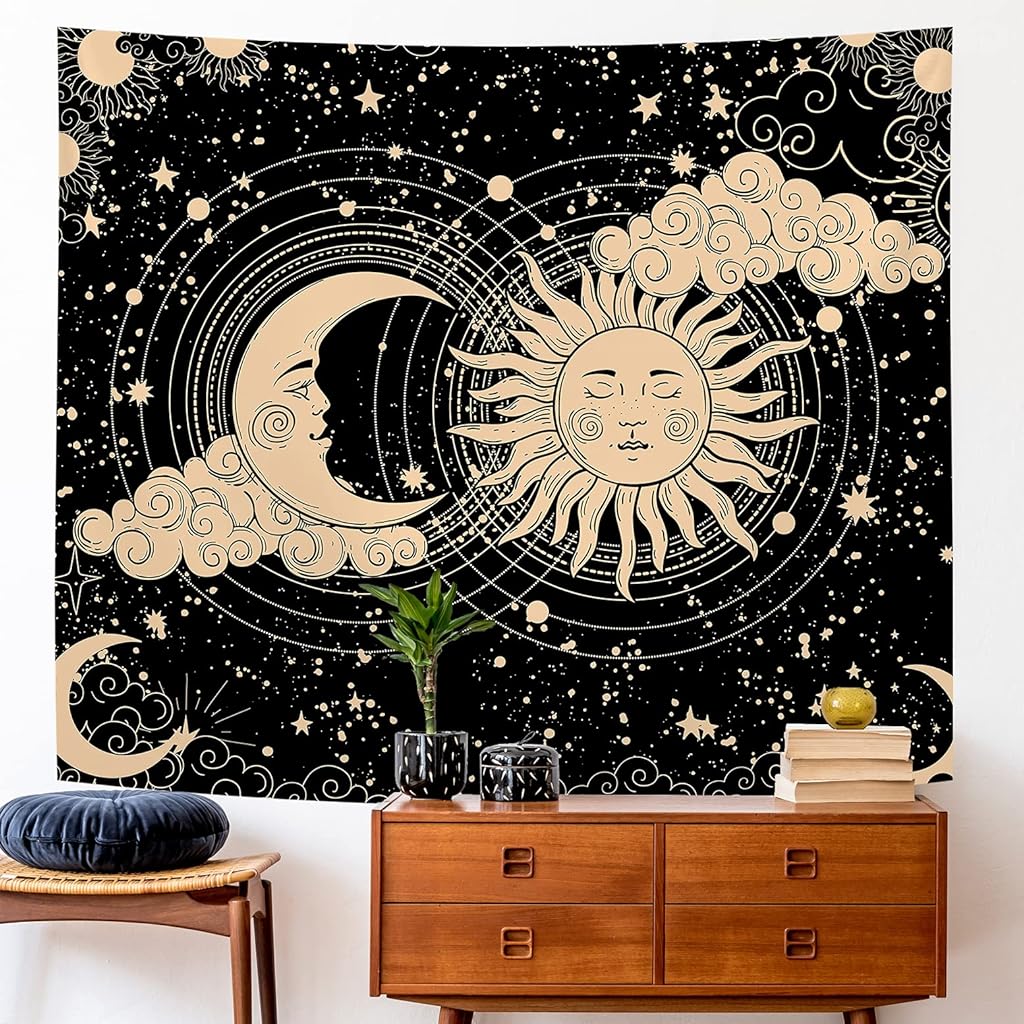 HASTHIP® Polyester Sun and Moon Tapestry Aesthetic Black Dark Spiritual Wall Art for Bedroom Living Room Decor 51