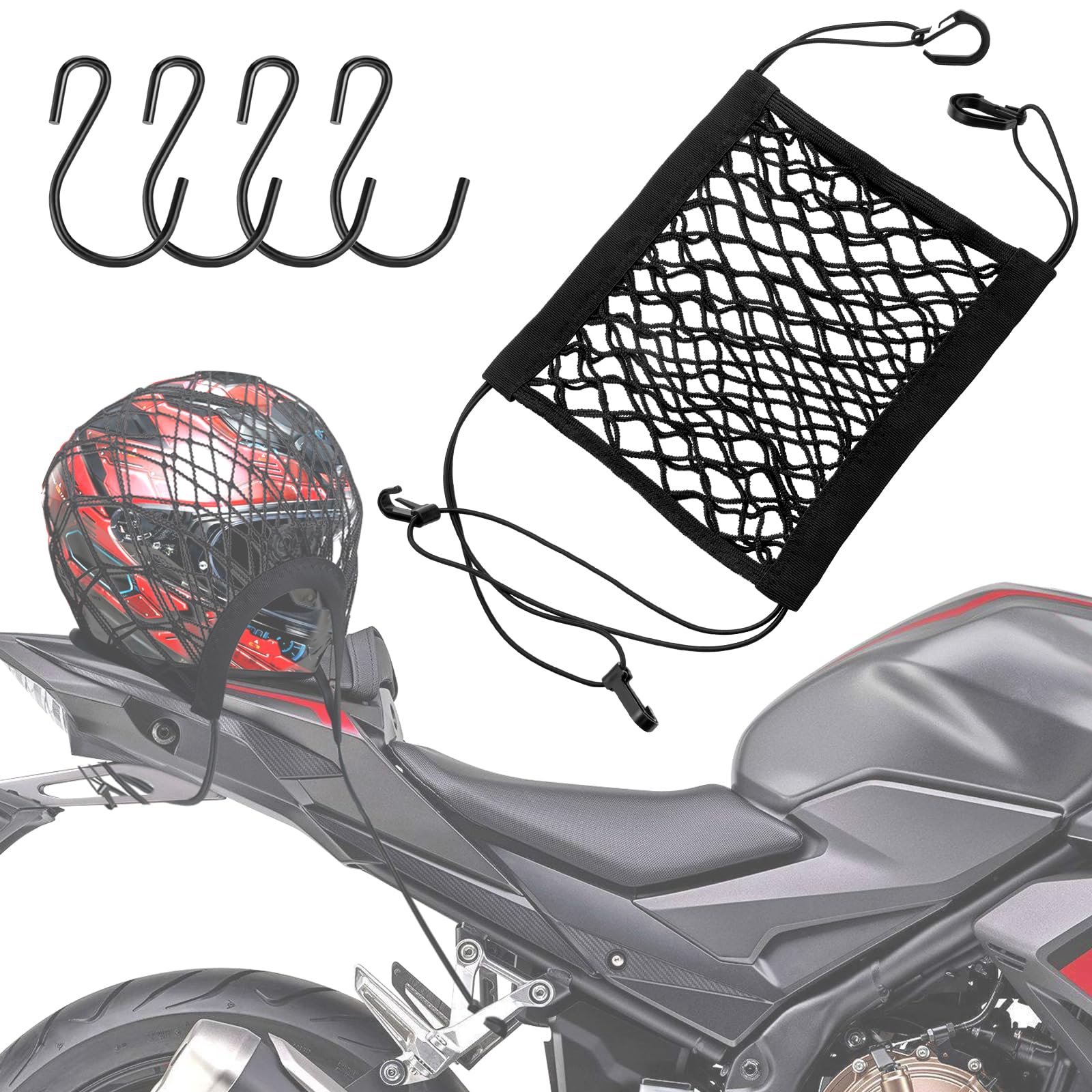 STHIRA® Motorcycle Stretchy Storage Net, Quick Release Clasp Design, Motorcycle Cargo Net, Strong Nylon Double Layer Woven Mesh Net for Motorcycle, Scooter, Bike, with 4 Extra Metal S-hooks, 10