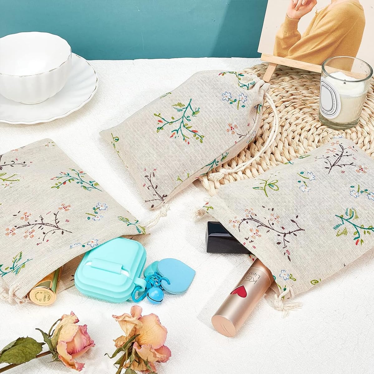 HASTHIP Drawstring Gift Bags for Return Gifts with 20pcs 13x18cm Cotton Flax Fabric | Reusable Rustic Floral Pouches