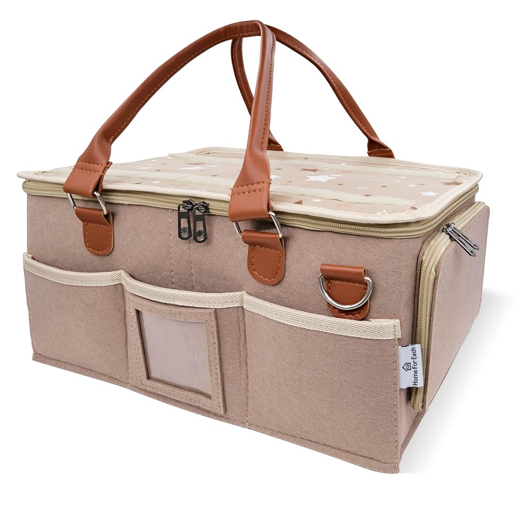 SNOWIE SOFT® Baby Diaper Bag Felt Baby Diaper Caddy Organizer Basket with Handle Multi Compartments Carry All Mommy Bag Newborn Supplies Zip-up Handbag Baby Gift Basket, Khaki