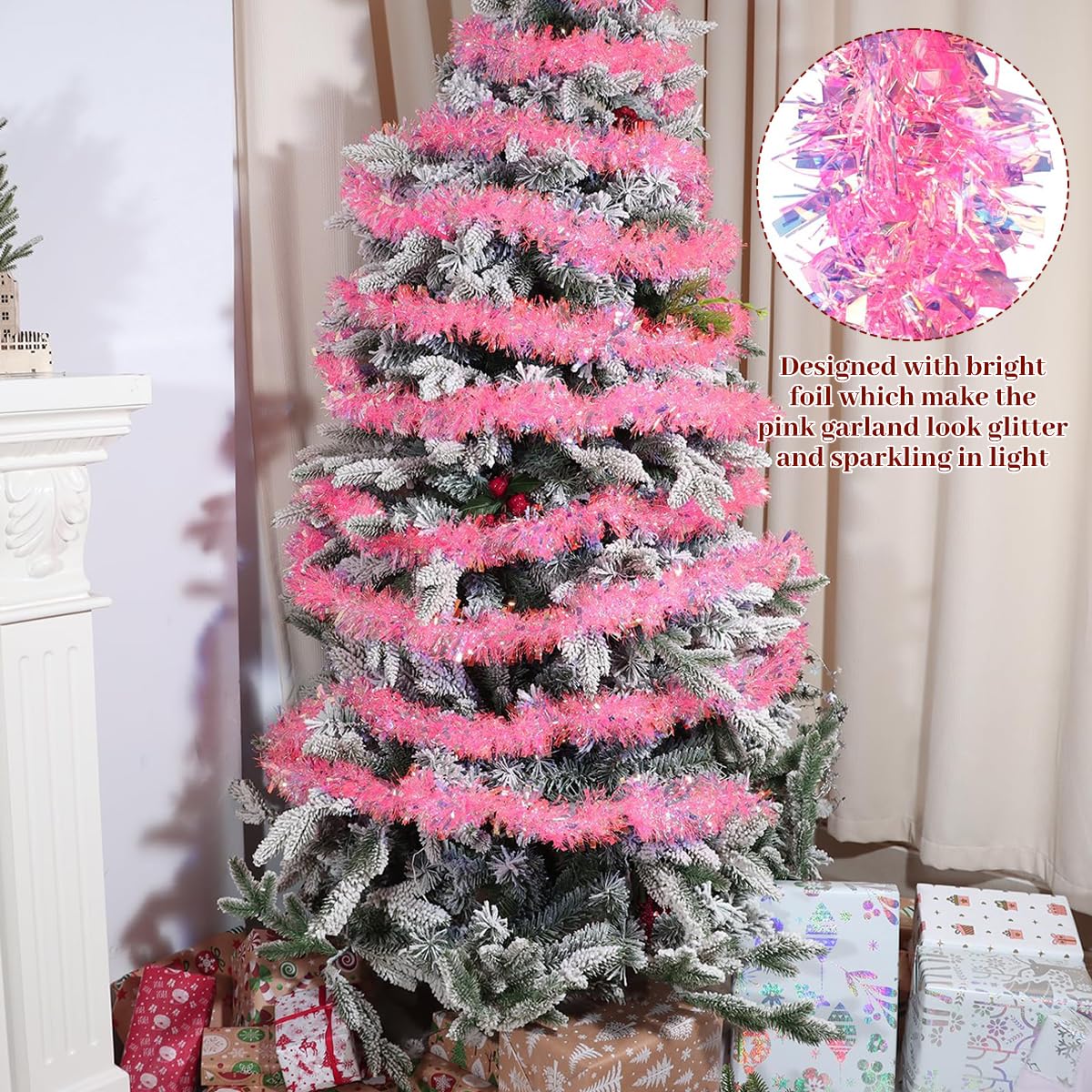 HASTHIP Pink Christmas Tinsel Garland for Trees and Parties featuring Shiny Metallic Fringe 16.4ft