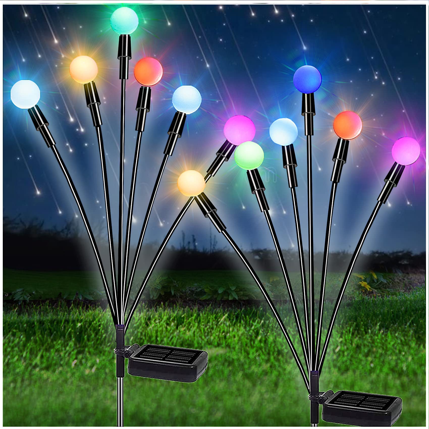 ELEPHANTBOAT Outdoor Solar Garden Lights 2 Pack Solar Powered 7 Color Changing RGB Lights with 12 Glowworm Lamp Swaying When Wind Blows Decorative Starburst Swaying Lights for Garden Patio Backyard