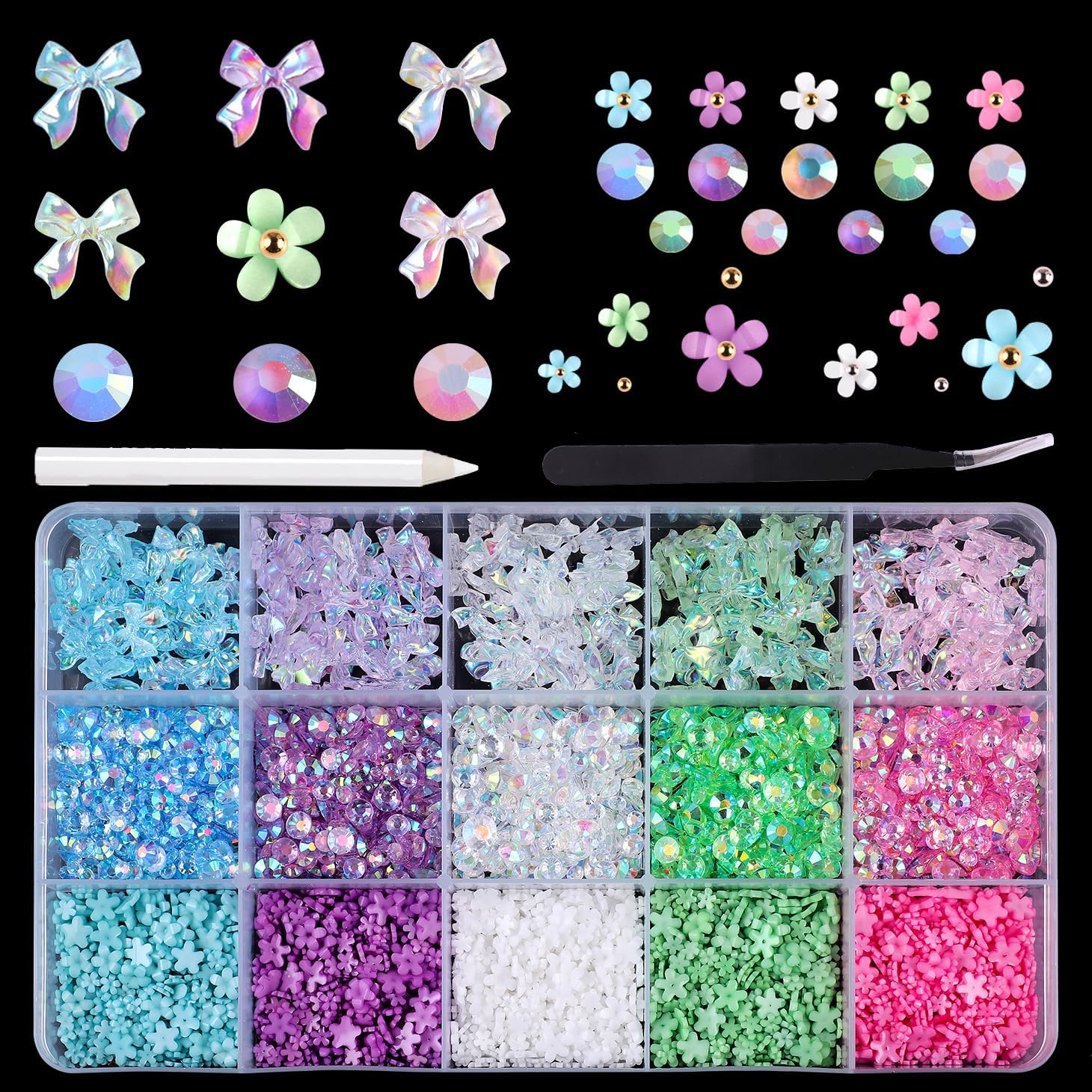 MAYCREATE 3D Nail Charms for Art Decoration with 3200 Pcs Jewels and Pickup Tools | AB Pink Set