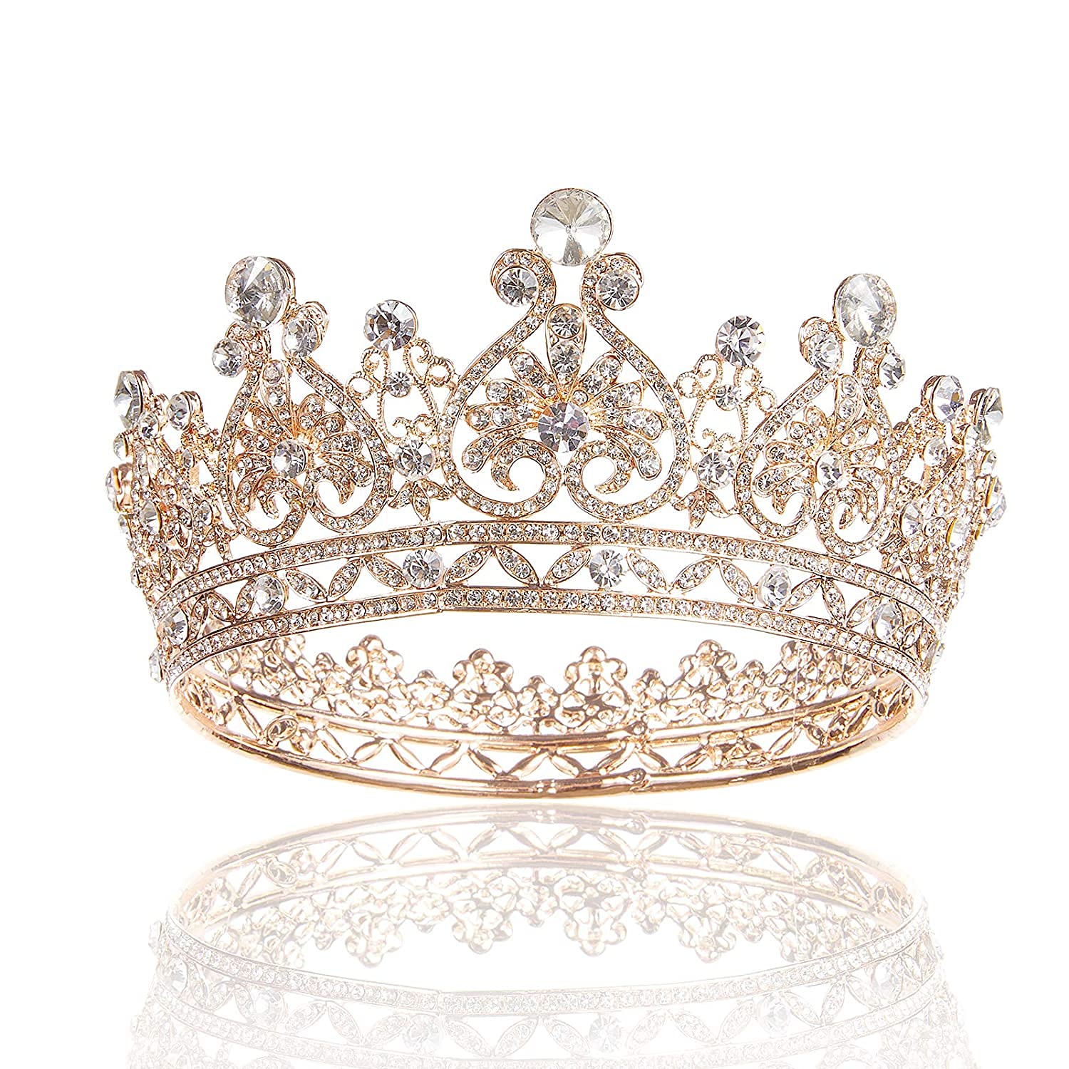 SANNIDHI Crystal Crowns for Women, Rose Gold Full Round Crystal Queen Crown Rhinestone Bridal Tiara Pageant Prom Weddings Crown Hair Accessories