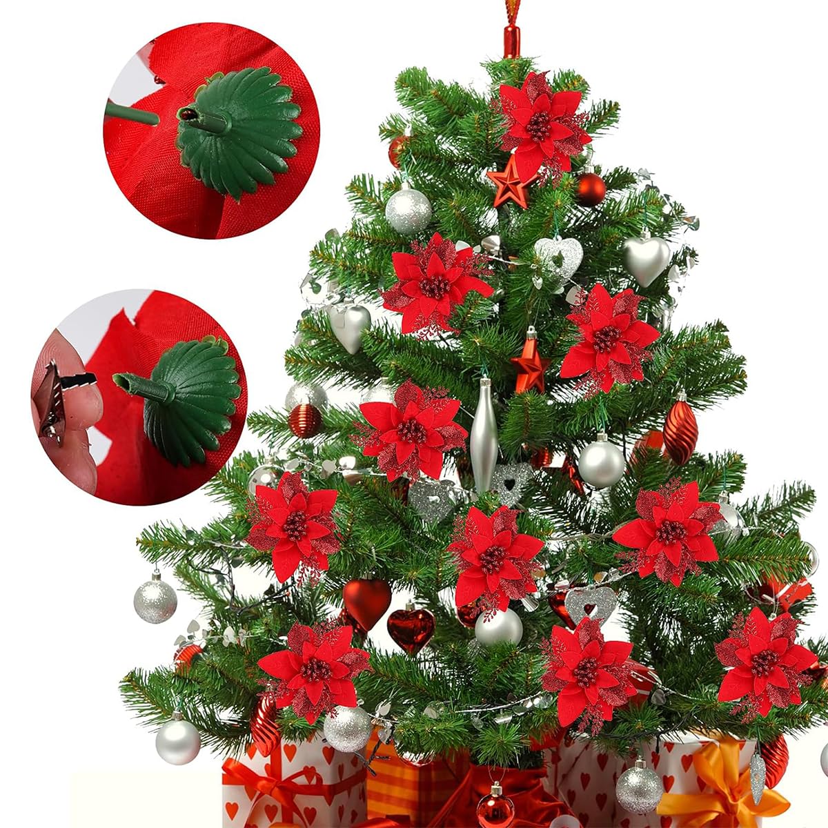 Venzina® 10 Pcs Christmas Tree Decorations Red Glitter Poinsettias Ornament Artificial Poinsettia Christmas Tree Decorations Artificial Christmas Flowers