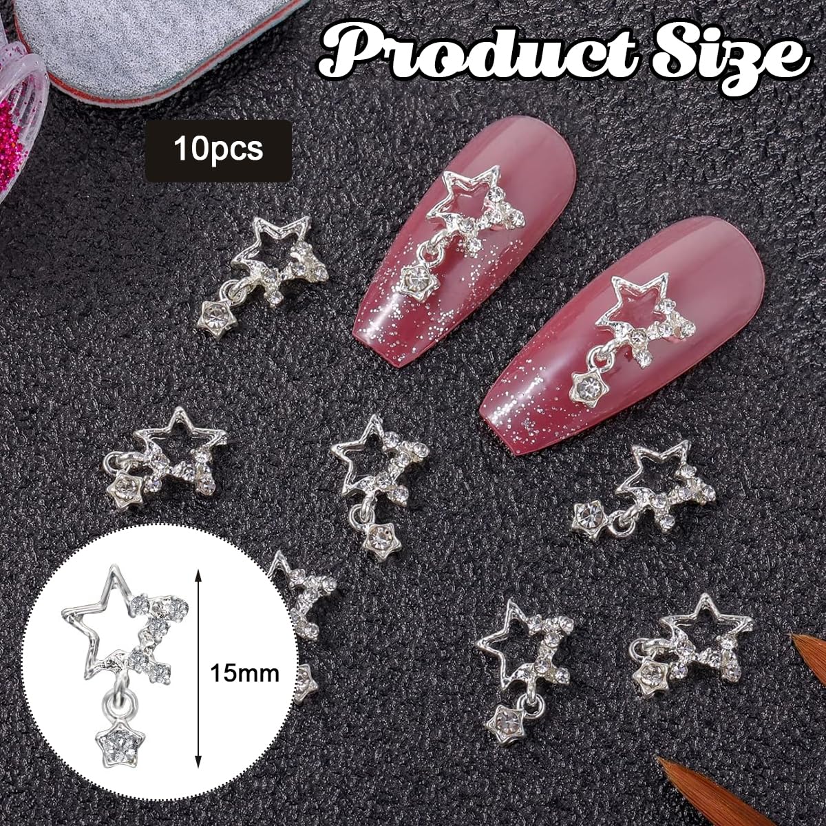 MAYCREATE Star Nail Charms for Acrylic Nails featuring 3D Hollow Pentagram Design 10Pcs Silver
