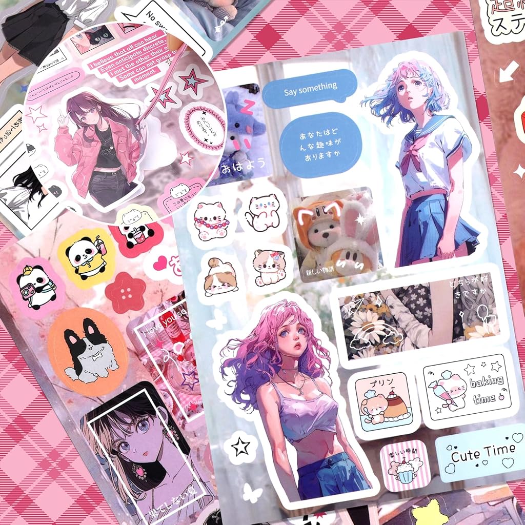 OFIFO® 45-Sheet Japanese Sticker Book with 800+ Kawaii Manga Die-Cut Stickers, Retro Aesthetic Comic Scrapbook Supplies for Journaling, Planners, DIY Crafts, Decoration & Creative Art Projects(#C)