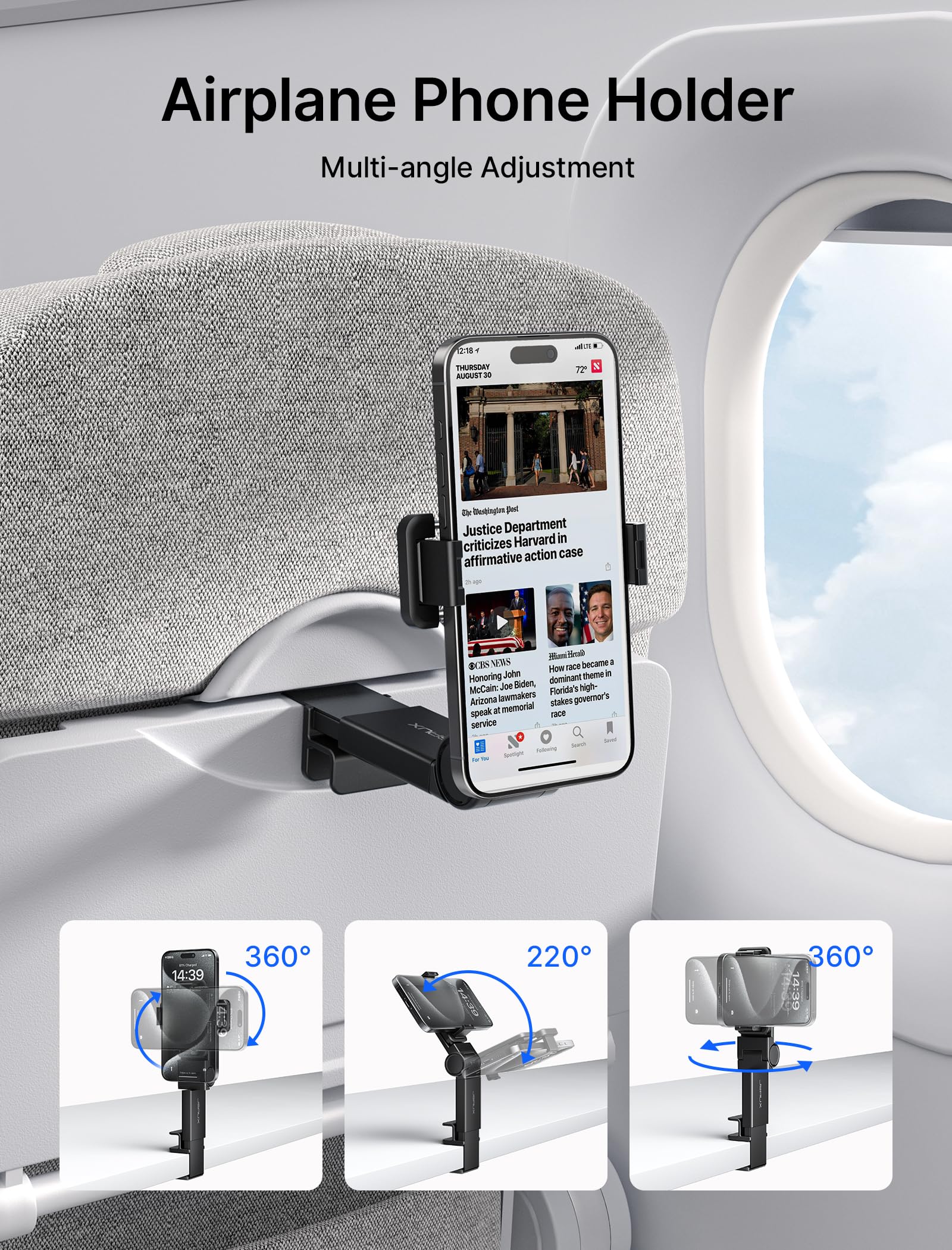 JSAUX Phone Holder for Airplane Travel with 360 Degree Rotation | Handsfree Mount for Desk