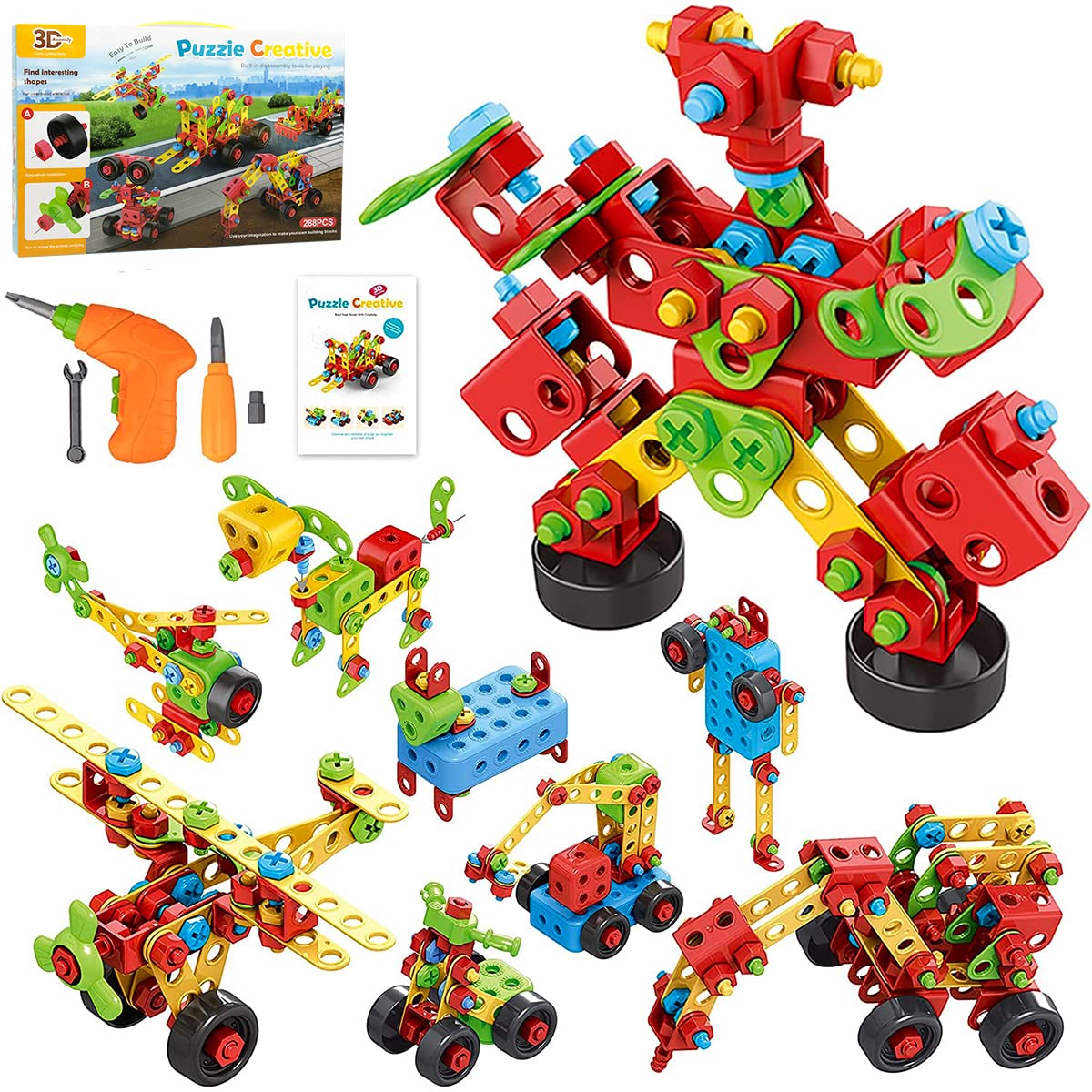 PATPAT® Building Blocks for Kids 288 Pcs DIY Construction Toys for Kids Educational Stem Toys Building Sets with Electric Drill Kids Activities Toys Creative Puzzle Games for Boys Girls 3 4 5 6 7 8