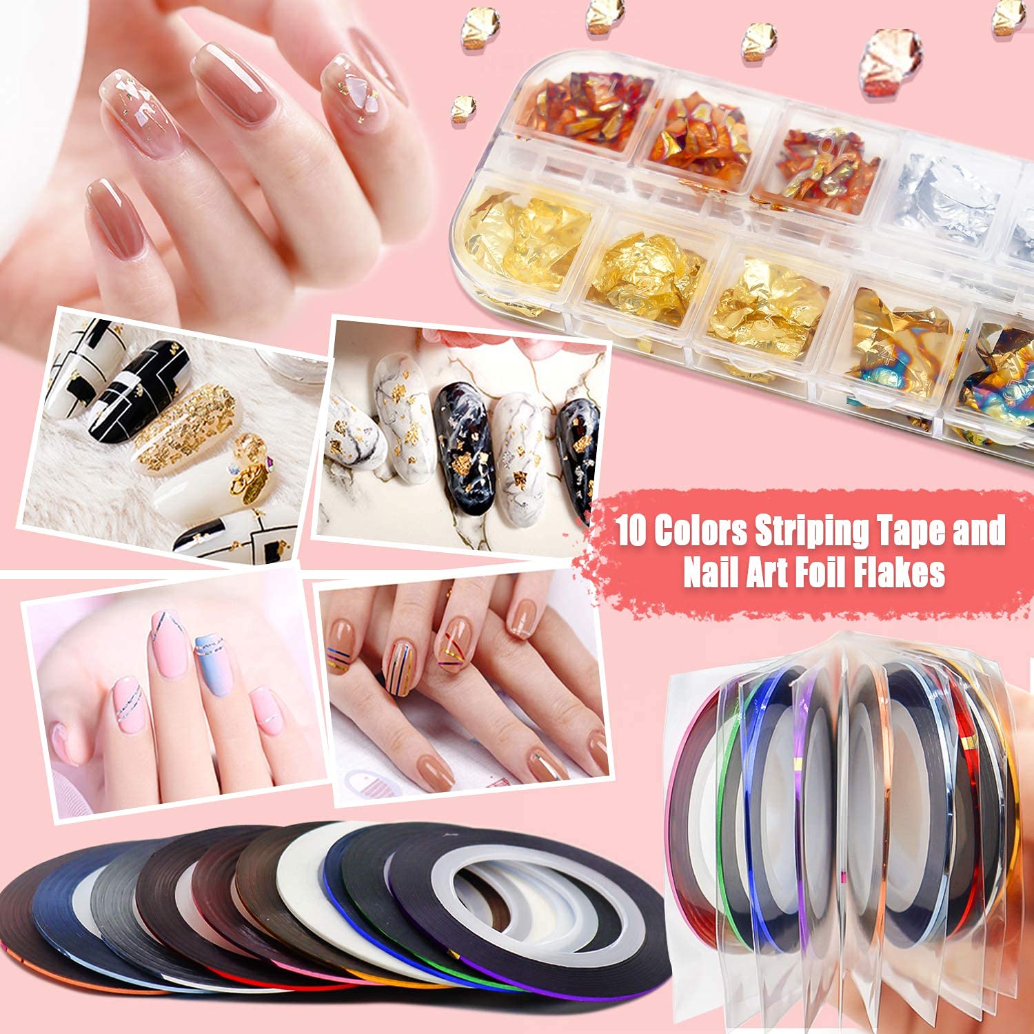 MAYCREATE  3D Nail Art Stamping Kit, 3D Nail Art Tools with Pen & Brush Painting Polish Design Kit Nail Art Stickers Nail Foil Tape Strips and Nails Art Rhinestones