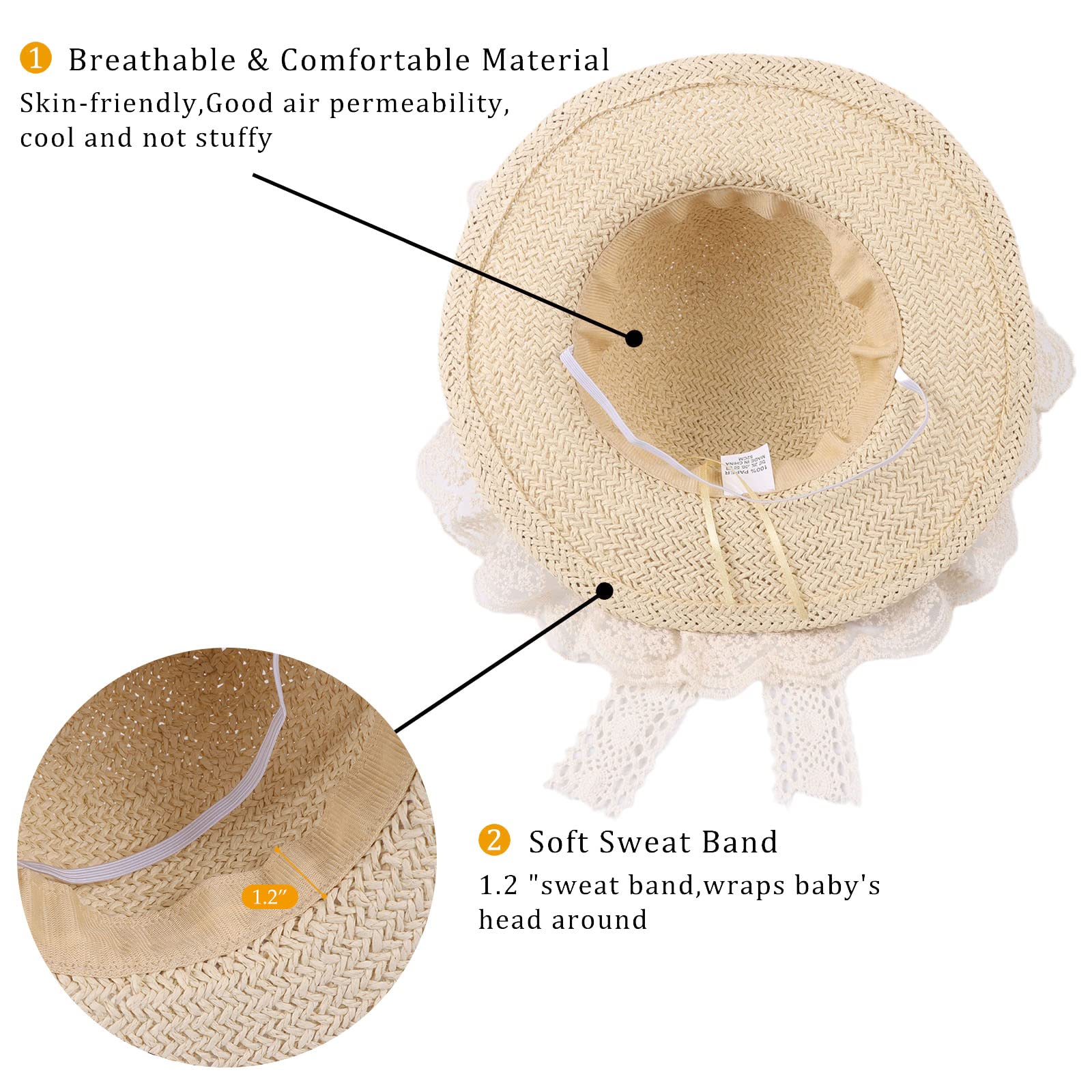 SNOWIE SOFT Girls Summer Straw Hat for Beach and Outdoor Wear featuring Adjustable Brim and Lace Bowknot 52cm
