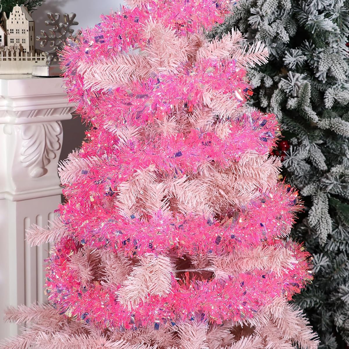 HASTHIP Pink Christmas Tinsel Garland for Trees and Parties featuring Shiny Metallic Fringe 16.4ft