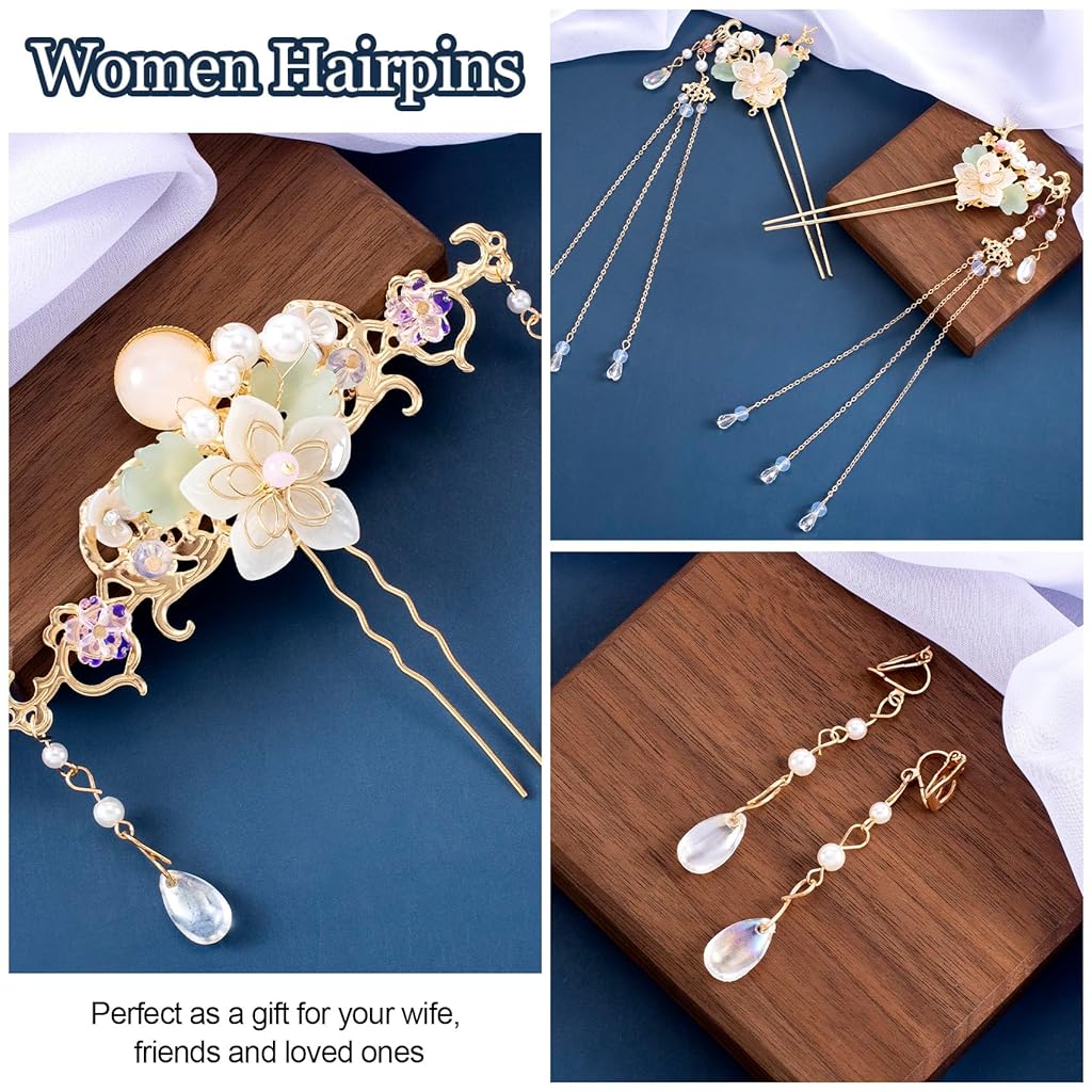 SANNIDHI® 5PCS Orchid Flower Tassels Hairpin, Crystal Rhinestone Pearl Hair Clips Retro Floral Brides Hair Accessories Jewelry for Women Girls Updo Long Hairs