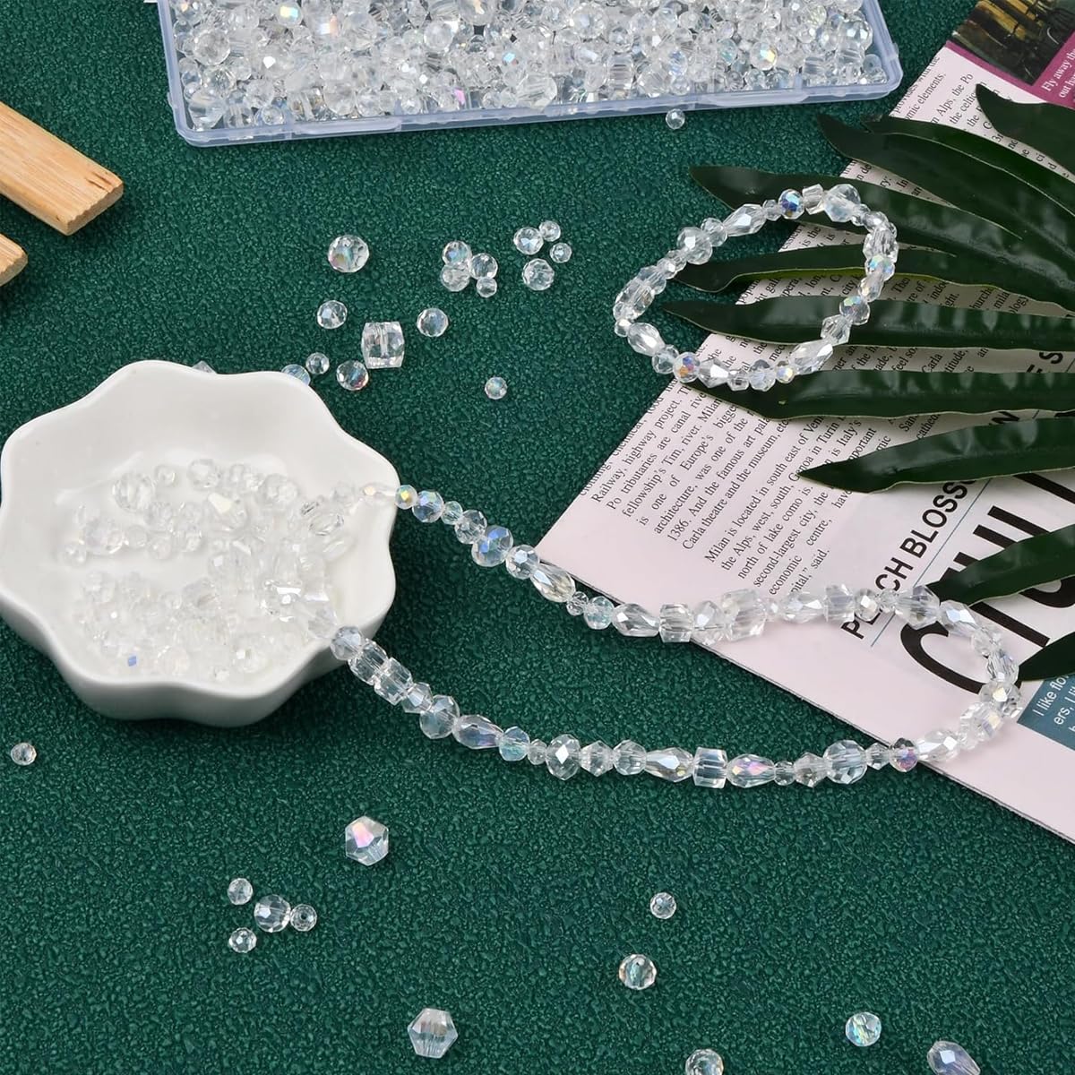 SANNIDHI Glass Crystal Beads for Jewellery Making with 1200 pcs set featuring 5 shapes | Clear AB faceted spacers for bracelet and necklace DIY crafts
