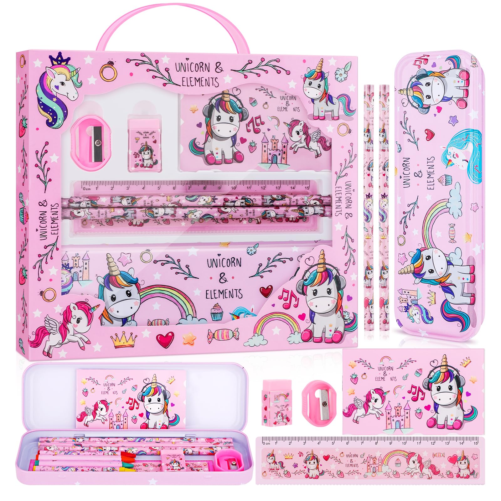 Climberty® 7-Piece Unicorn Stationery Set, Cute School Supplies for Girls, Pencil Case, Pencils, Ruler, Notebook, Eraser, Sharpener, Gift for Kids, Birthday, Back to School