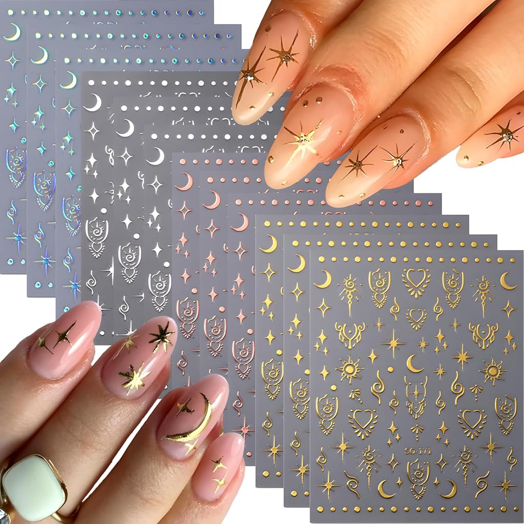 MAYCREATE® 12 Sheet DIY Nail Decal Stickers Y2K Vintage Chic Multi Color  Metallic Touch Charm Crescent Star Nail Art Decals, Self Adhesive Nail Art Decals Decorative French Nail Decals