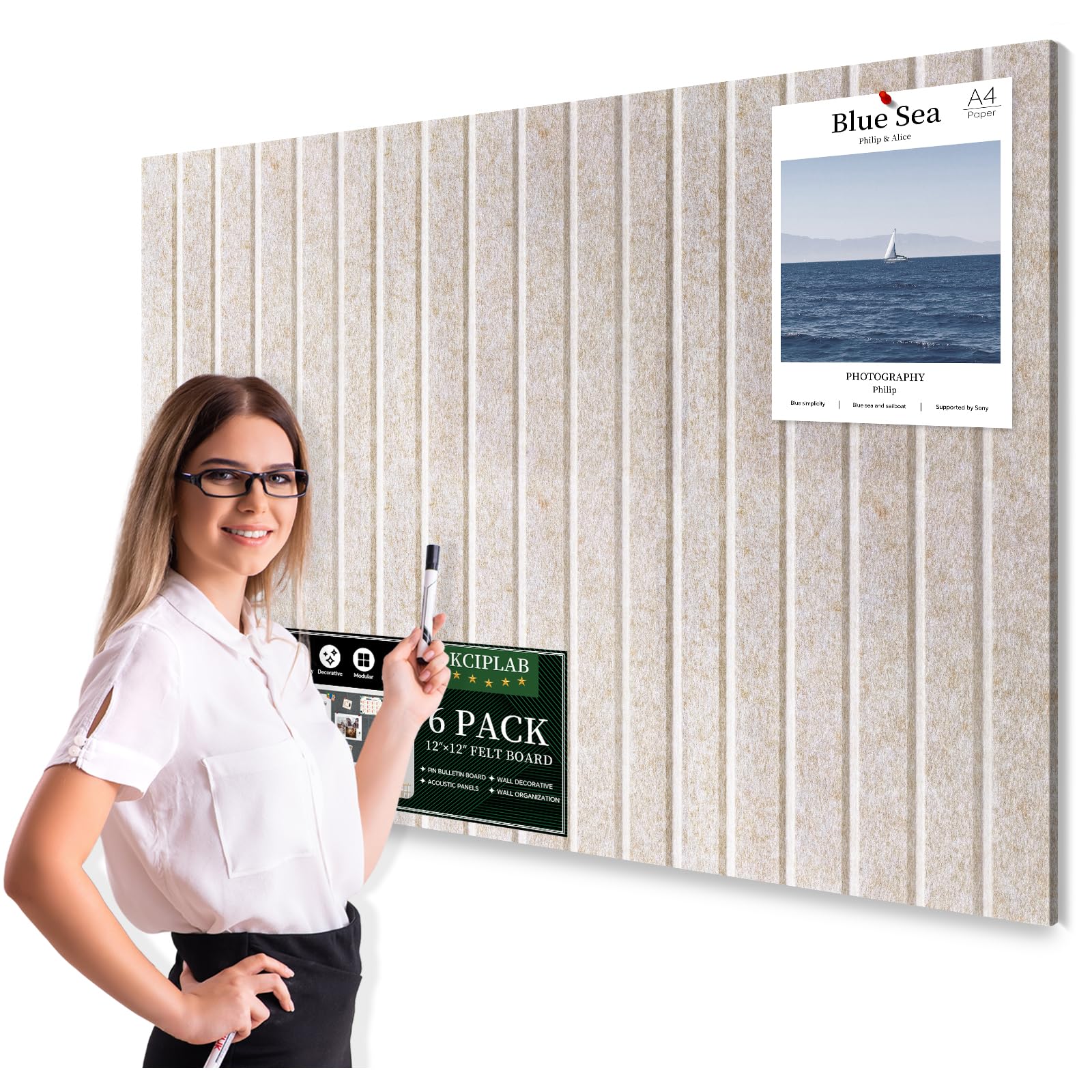 Climberty® Cork Bulletin Board for Wall 30x30cm, 6 Pack Felt Slat Wall Panel Tiles with 50 Pushpins, 30 Safe Removable Adhesive Tabs, Decorative Pin Board Tack Board for Office Home School, Beige