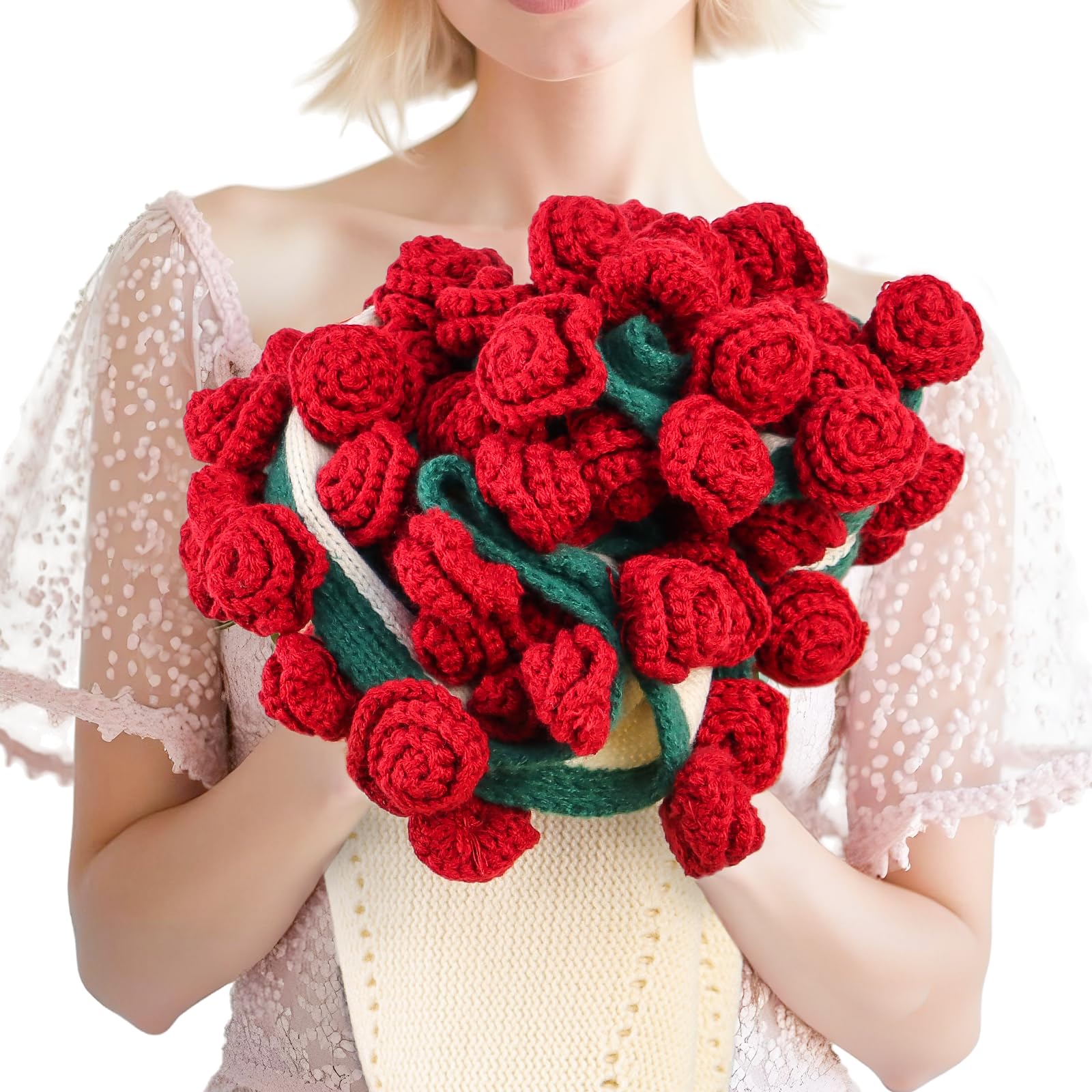 HASTHIP® Rose Crochet Flowers Bouquet Blanket-Birthday Gifts for Mom Sister-Gifts for Couples-Anniversary Birthday-Romantic Rose Flower Bouquet-Knitted Throw Blankets Home Decor 43 Inches-Red