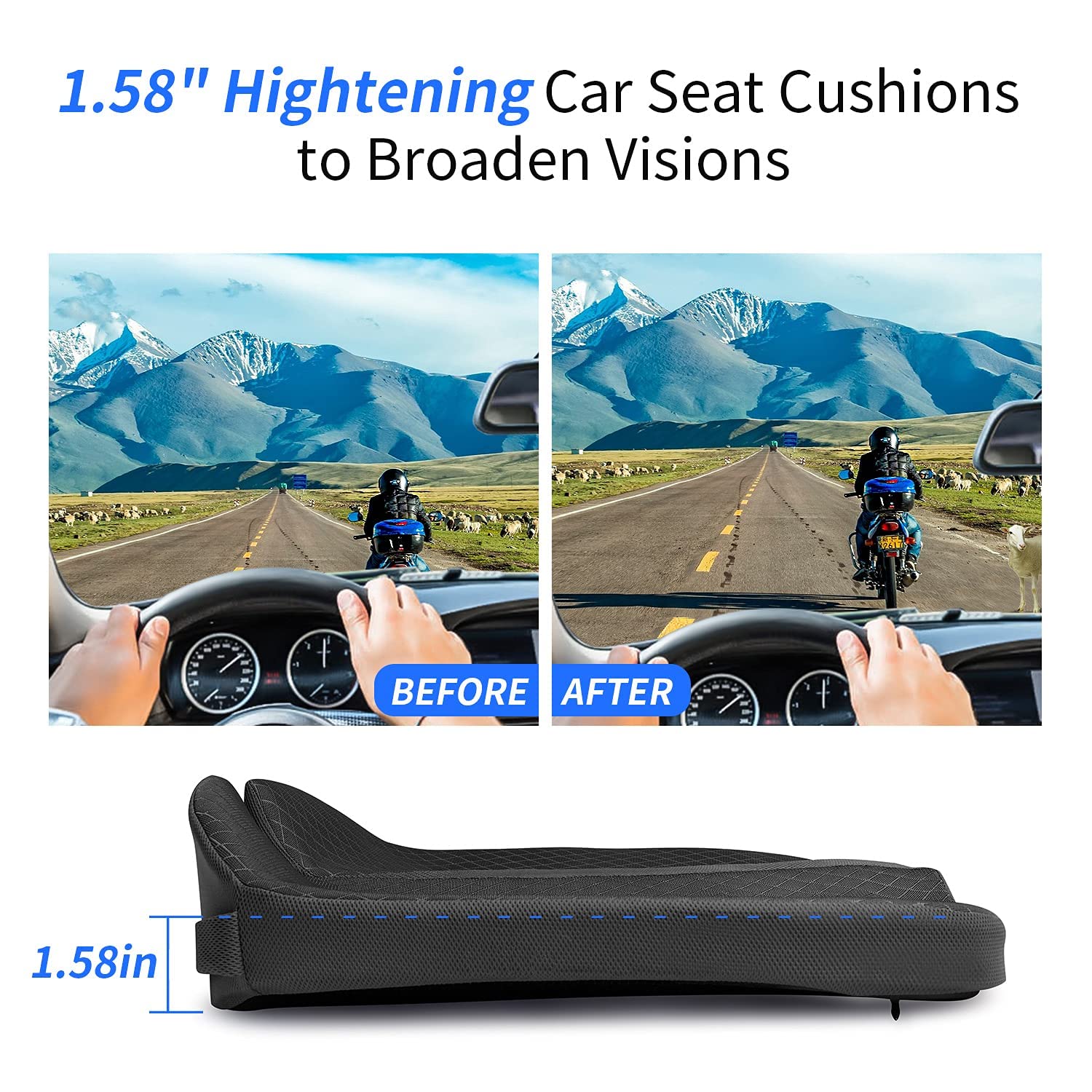 Memory Foam Car Seat Cushion for Lower Back Pain Relief with Anti Slip Bottom and Adjustable Belt | 43×47×15cm Breathable Pad for Office Chair and Wheelchair