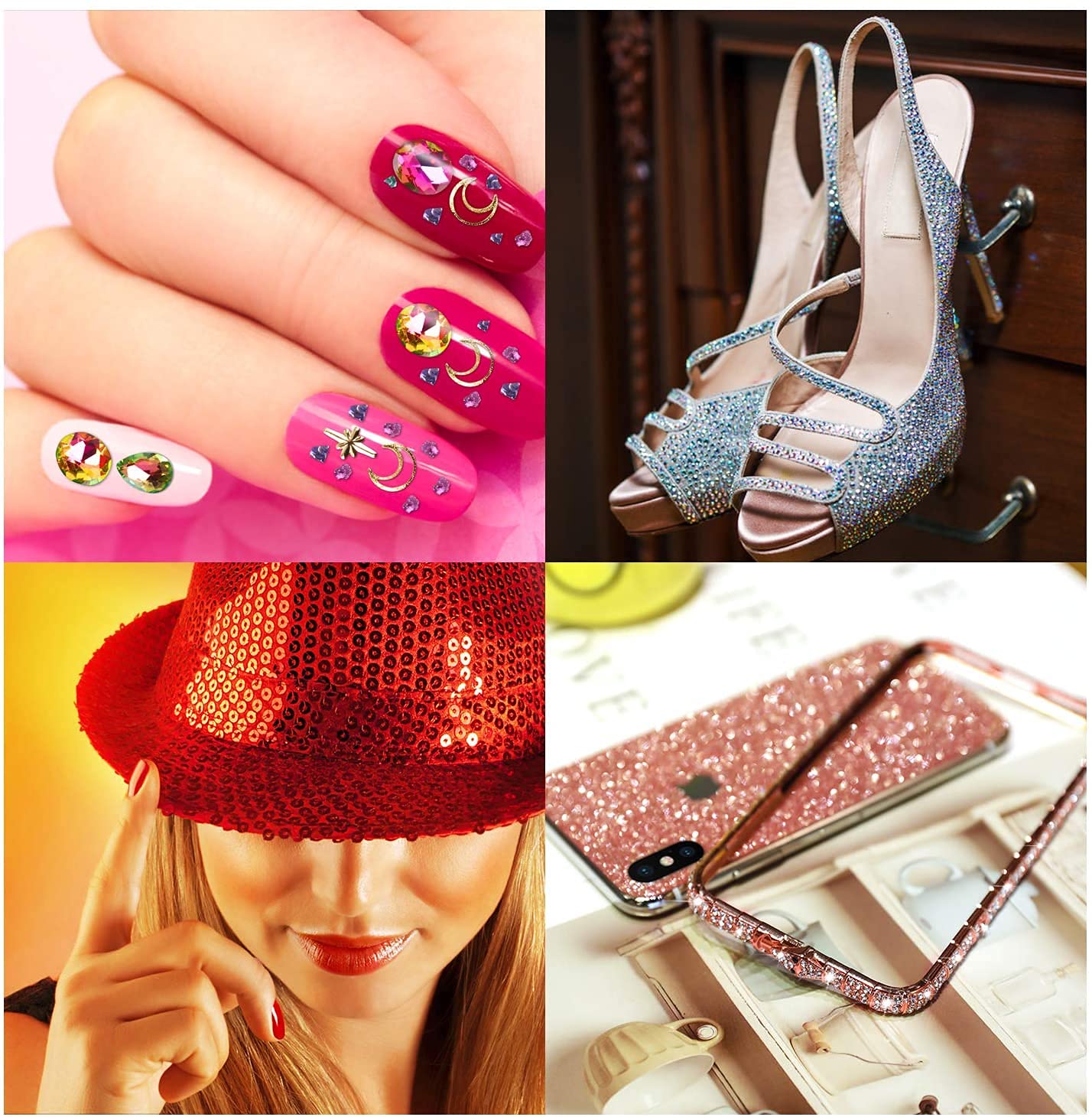 HANNEA Nail Art Rhinestones Kit with 6 Boxes Crystals and Tweezer for 3D Decoration