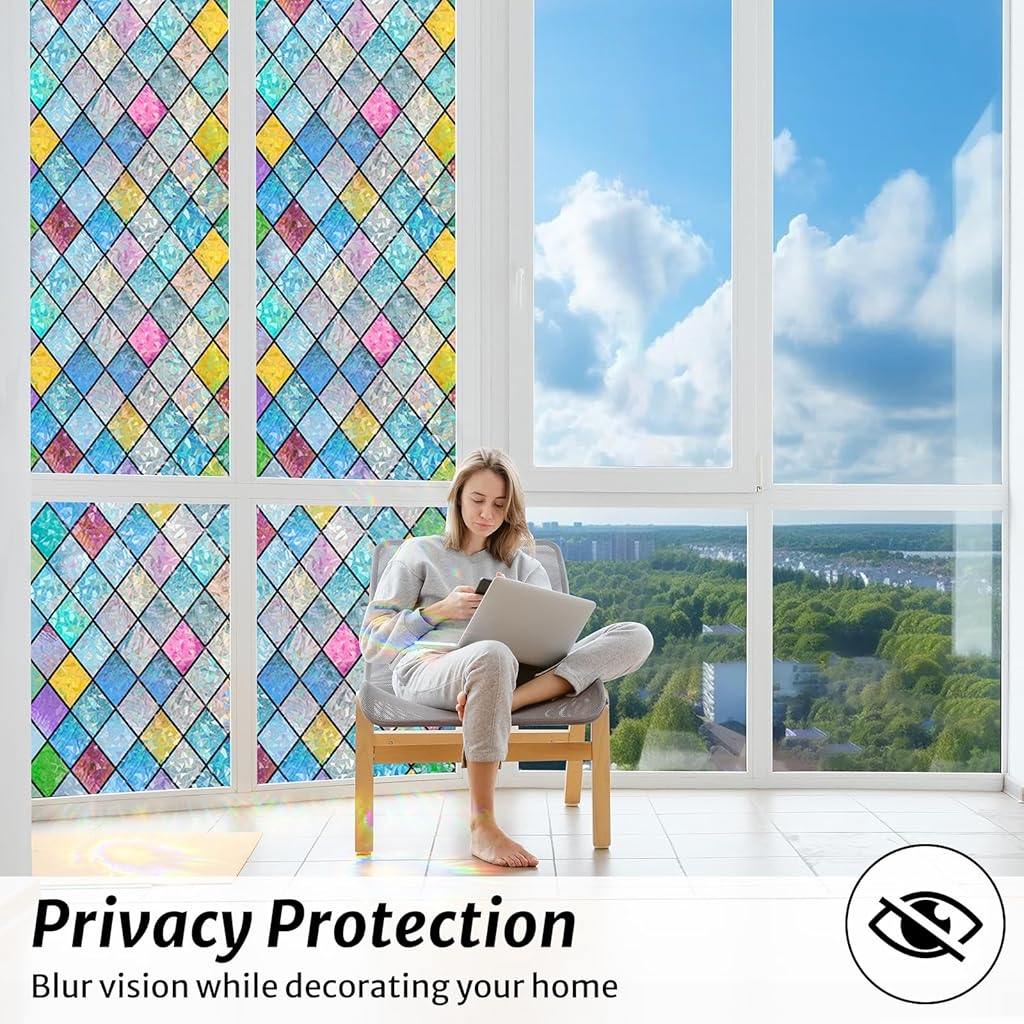 HASTHIP® Stained Glass Window Film Rainbow Film Decorative 3D Privacy Sticker Colorful Lattice Window Decals Cling, Sun Catcher Static Decals for Home 17.5