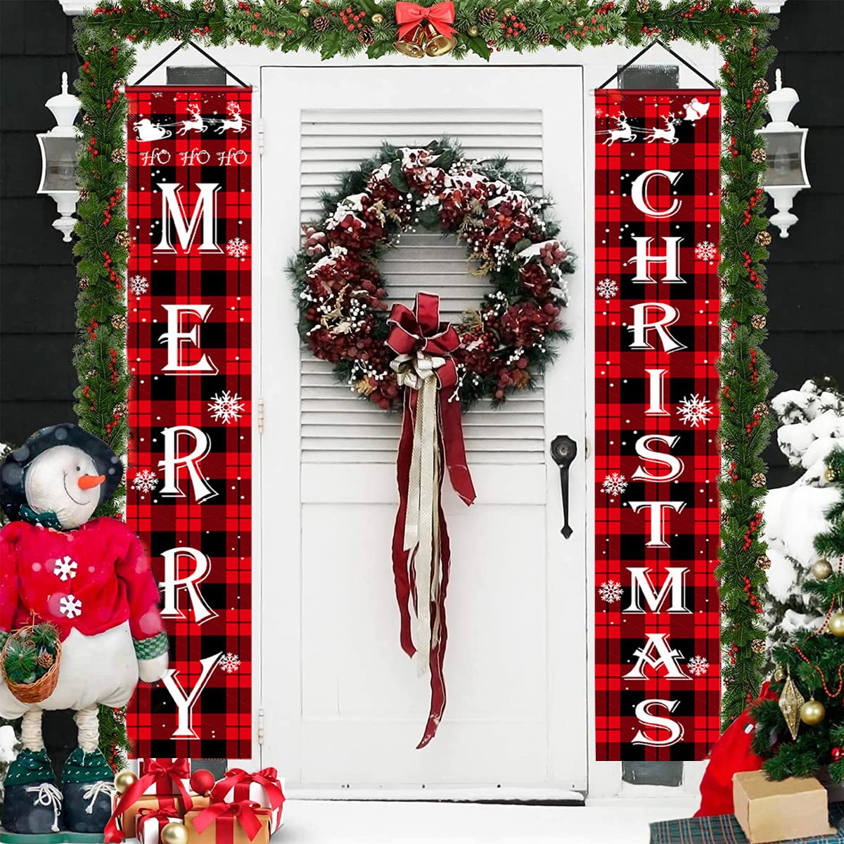 HASTHIP Christmas Decorations Outdoor Yard Porch Sign Set with 1.8m x 30cm Banners | Red Black Buffalo Plaid Merry Xmas Door Decor