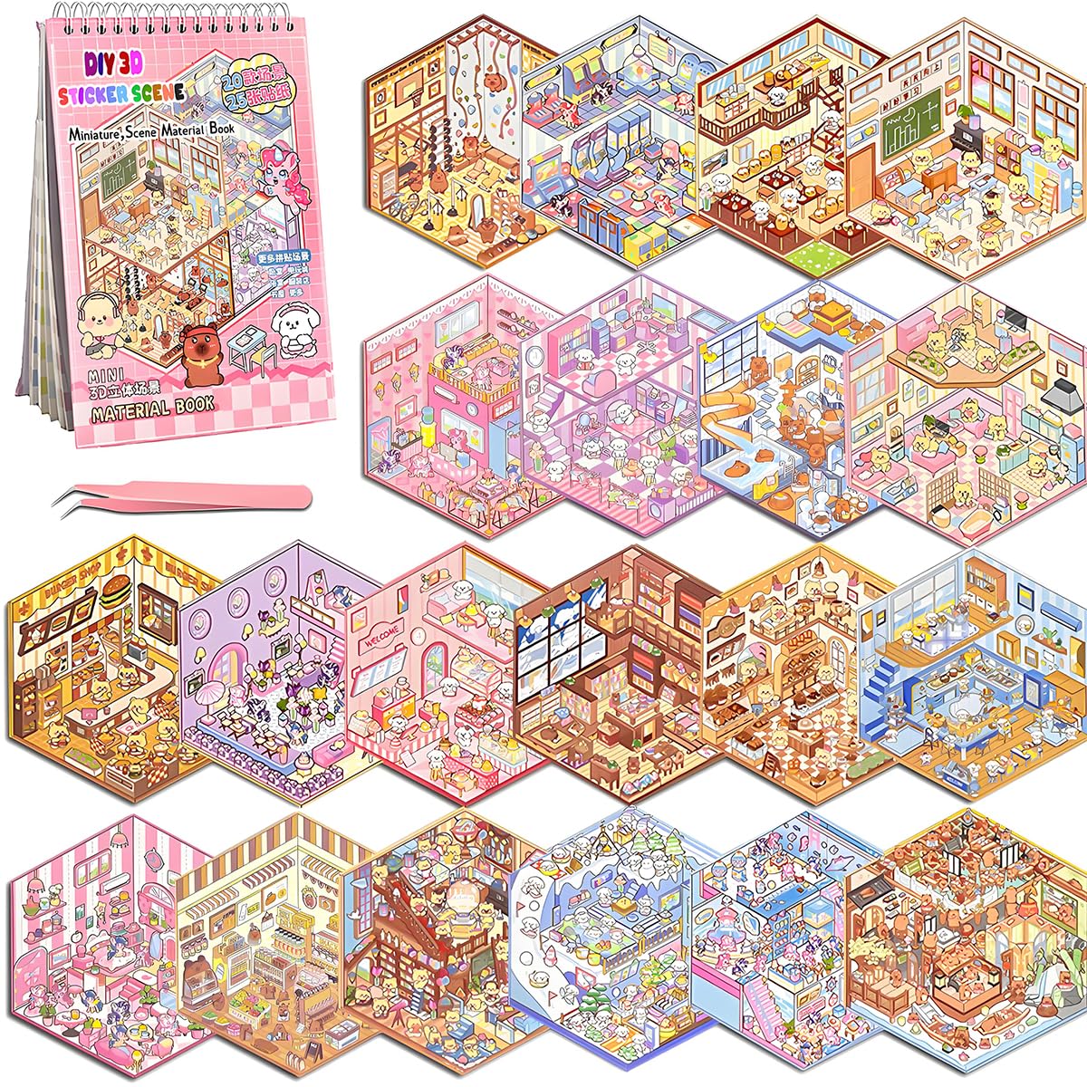 HASTHIP 3D Cartoon Scene Building Sticker Book for Kids with 20 Scenes and Tweezer Tool
