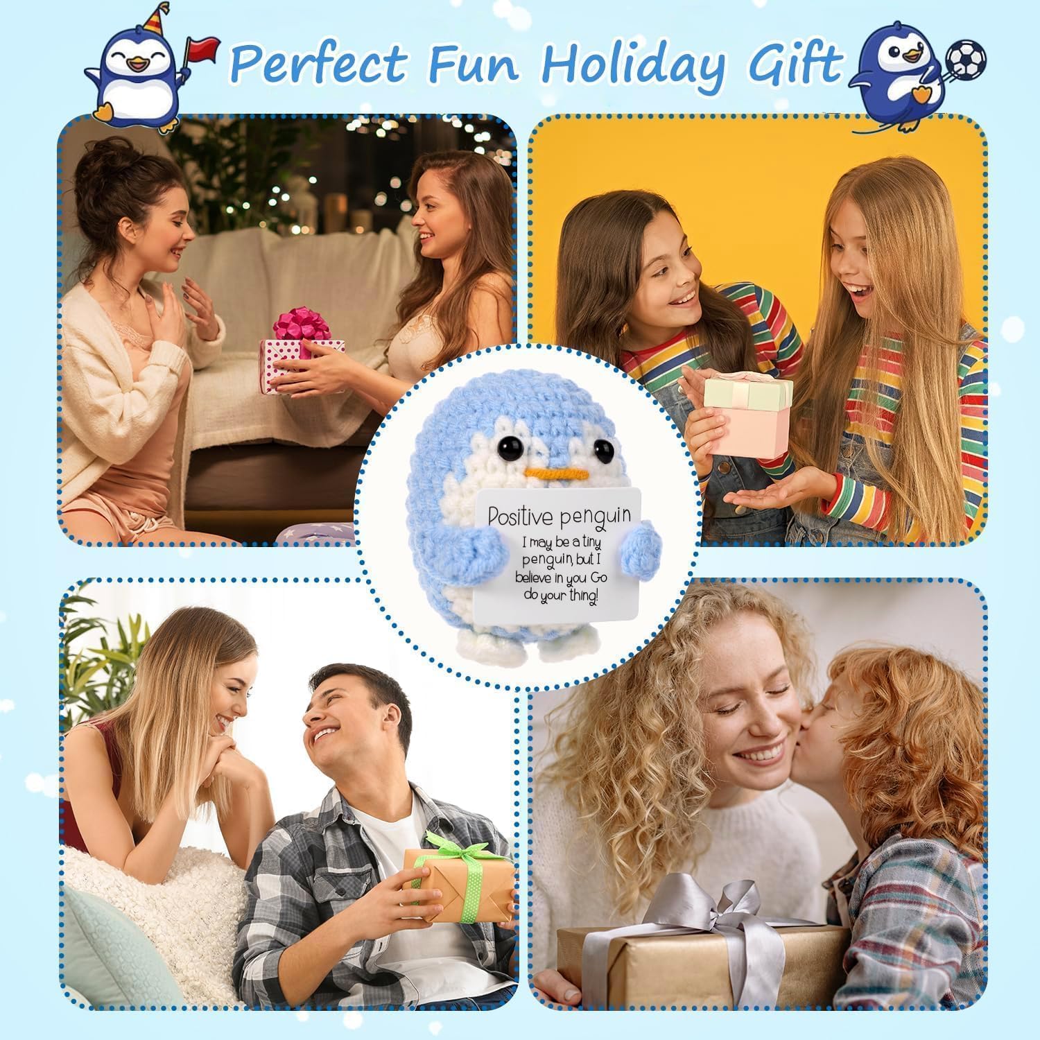 ZIBUYU Handmade Crochet Penguin Toys for Desk Decor with Positive Message Card Blue 2PCS