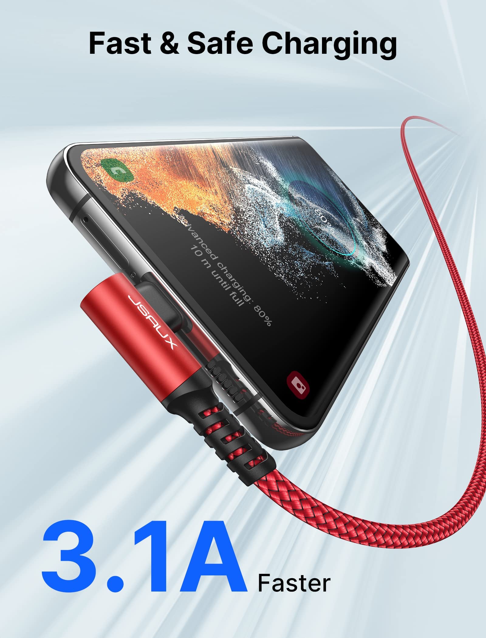 JSAUX USB C Cable for Fast Charging with 90 Degree Connector 2 Pack 6.6 ft | Red Braided