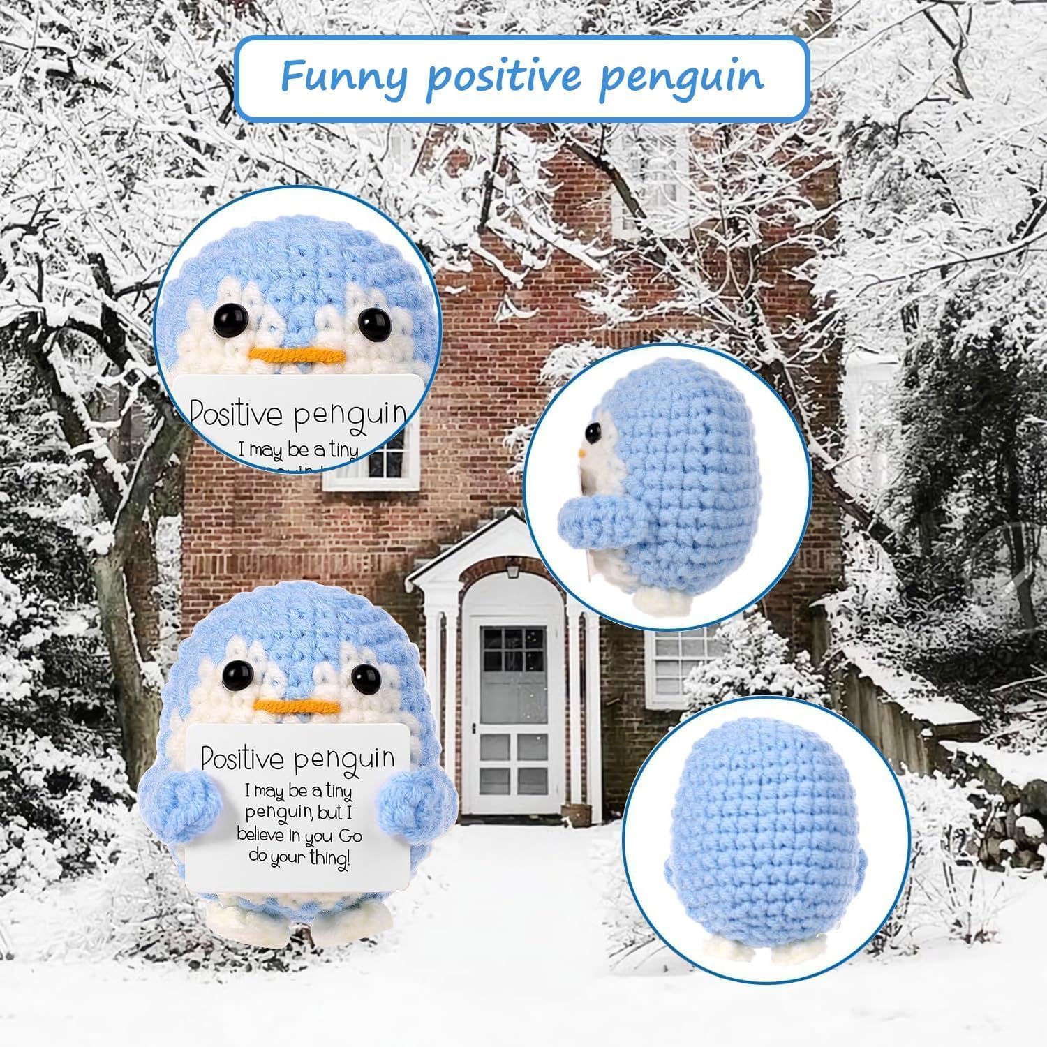 ZIBUYU Handmade Crochet Penguin Toys for Desk Decor with Positive Message Card Blue 3PCS