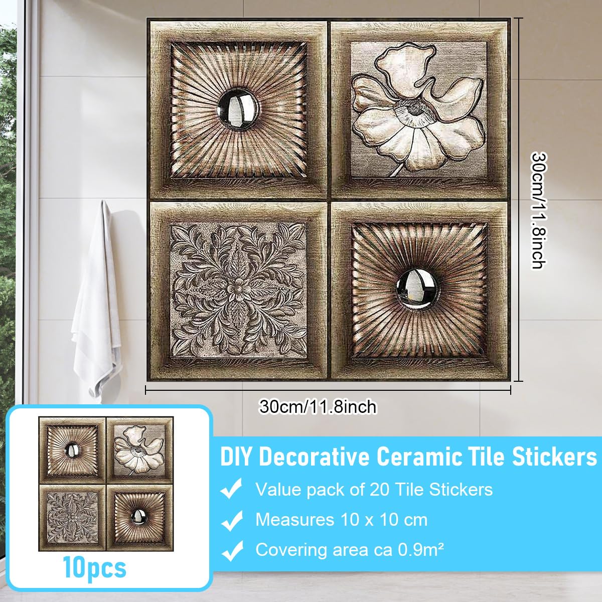 HASTHIP 3D Vintage Floral Wall Stickers for Home Décor with Self‑Adhesive PVC | 10Pcs 11.8 in Square