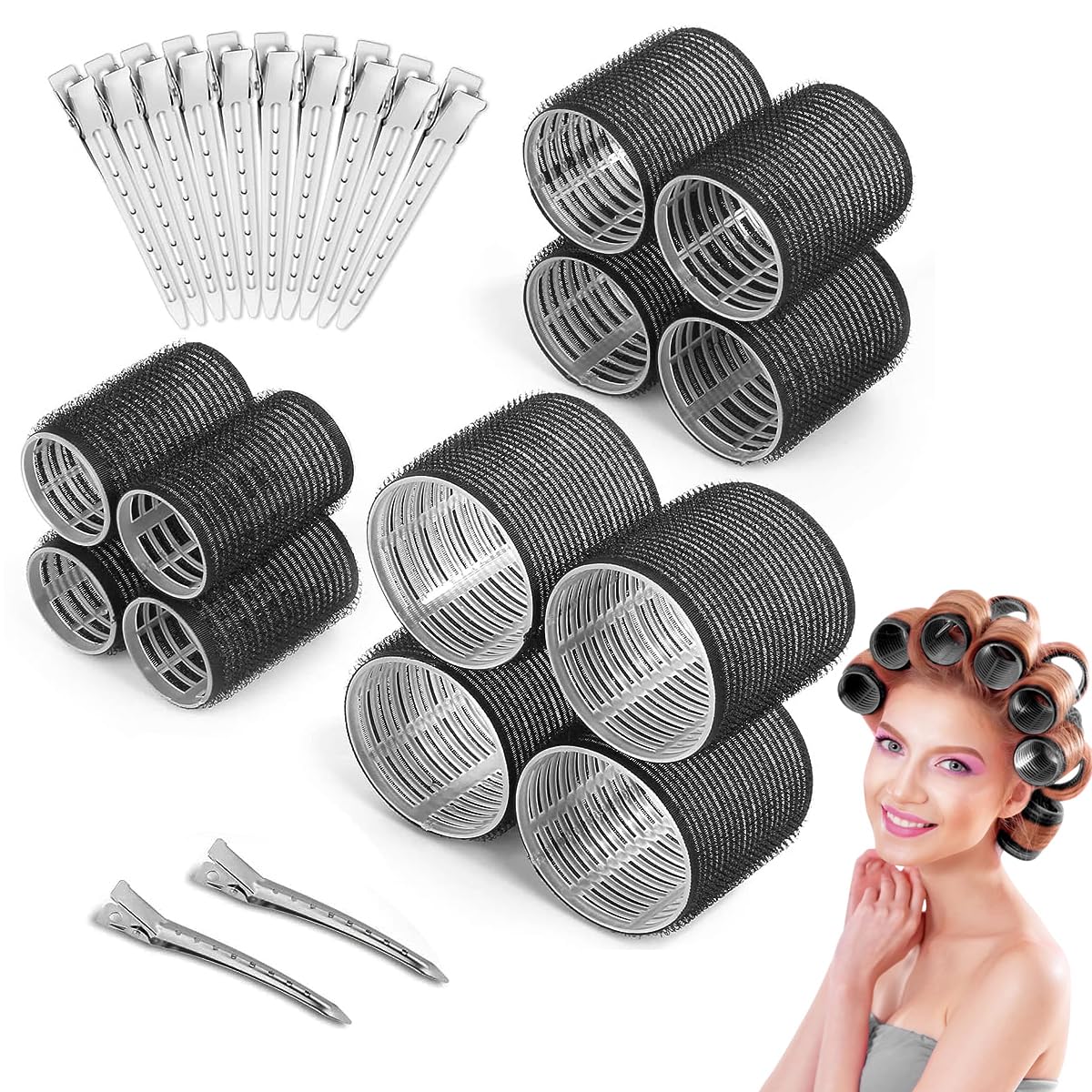 MAYCREATE® Heatless Hair Roller for Women Girls, 12pcs Hair Curler Rollers 3 Sizes (4 Jumbo, 4 Large, 4 Medium) & 12 Bang Clips Kit for Thin Thick Volume Hair - Black