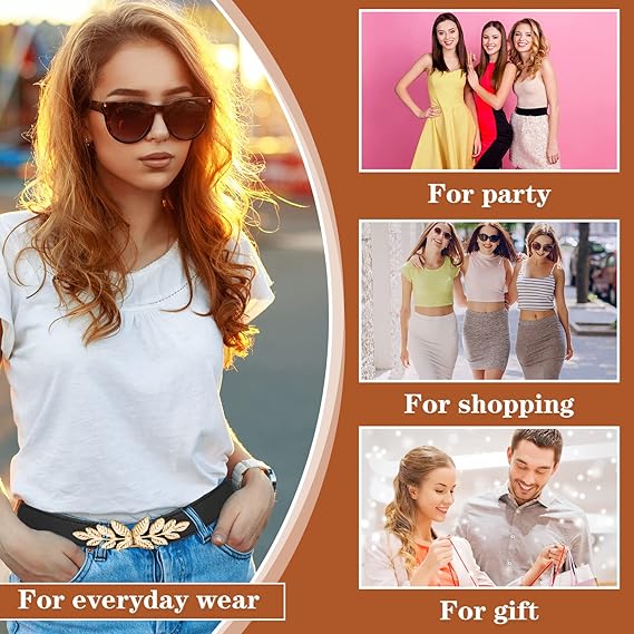 ZIBUYU® Waist Belt for Women Stretchy Waist Belt Golden Leaf Charm Inter-Lock Buckle Design Fashion Women Waist Belt Decorative Dress Belt, Suit Belt, Blazer Belt, Shirt Belt, White