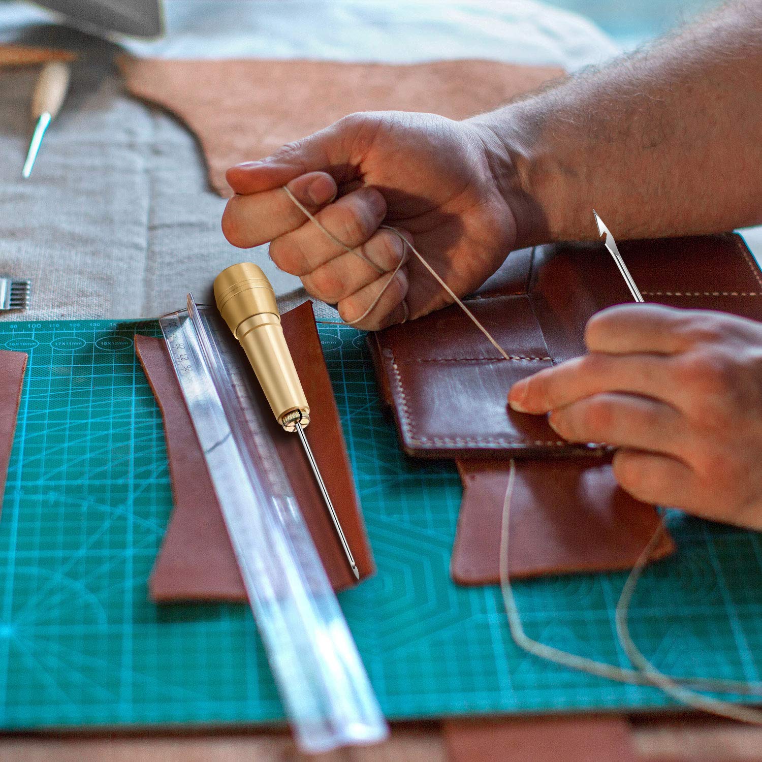 ELEPHANTBOAT Copper Handle Stitcher for Leather and Canvas Repair featuring 3 Needles 8cm | Easy Needle Replacement