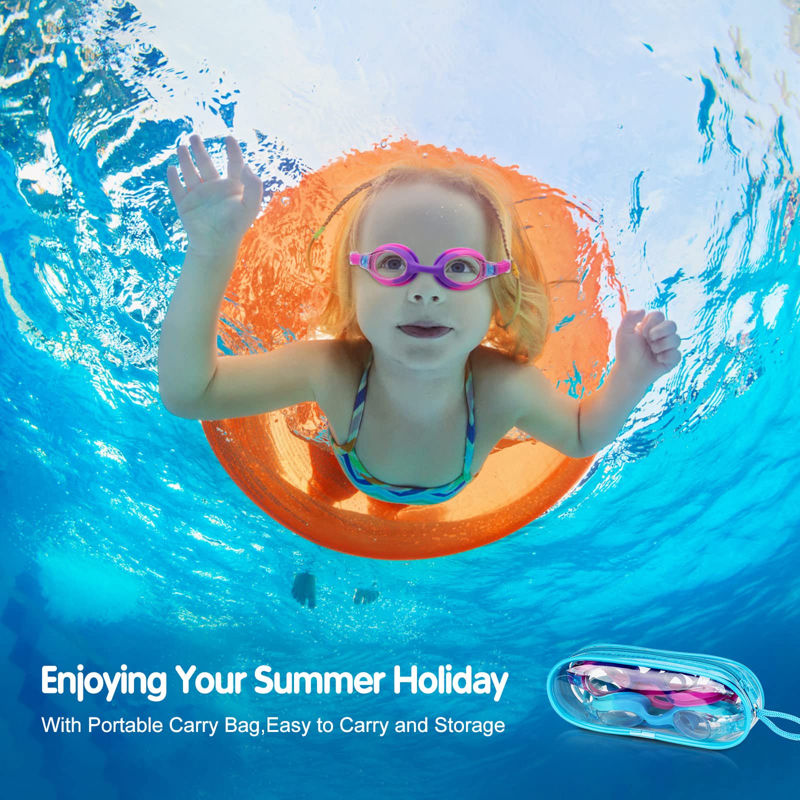 Proberos Swimming Goggles for Kids with Anti Fog UV Protection and Adjustable Strap | Blue Silicone Set with Earplugs and Nose Clip