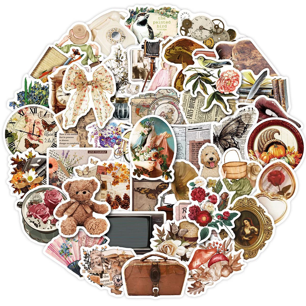 HASTHIP Vintage Stickers for Scrapbooking and Journals with 50Pcs Self Adhesive PVC Set | DIY Craft Embellishment Supplies