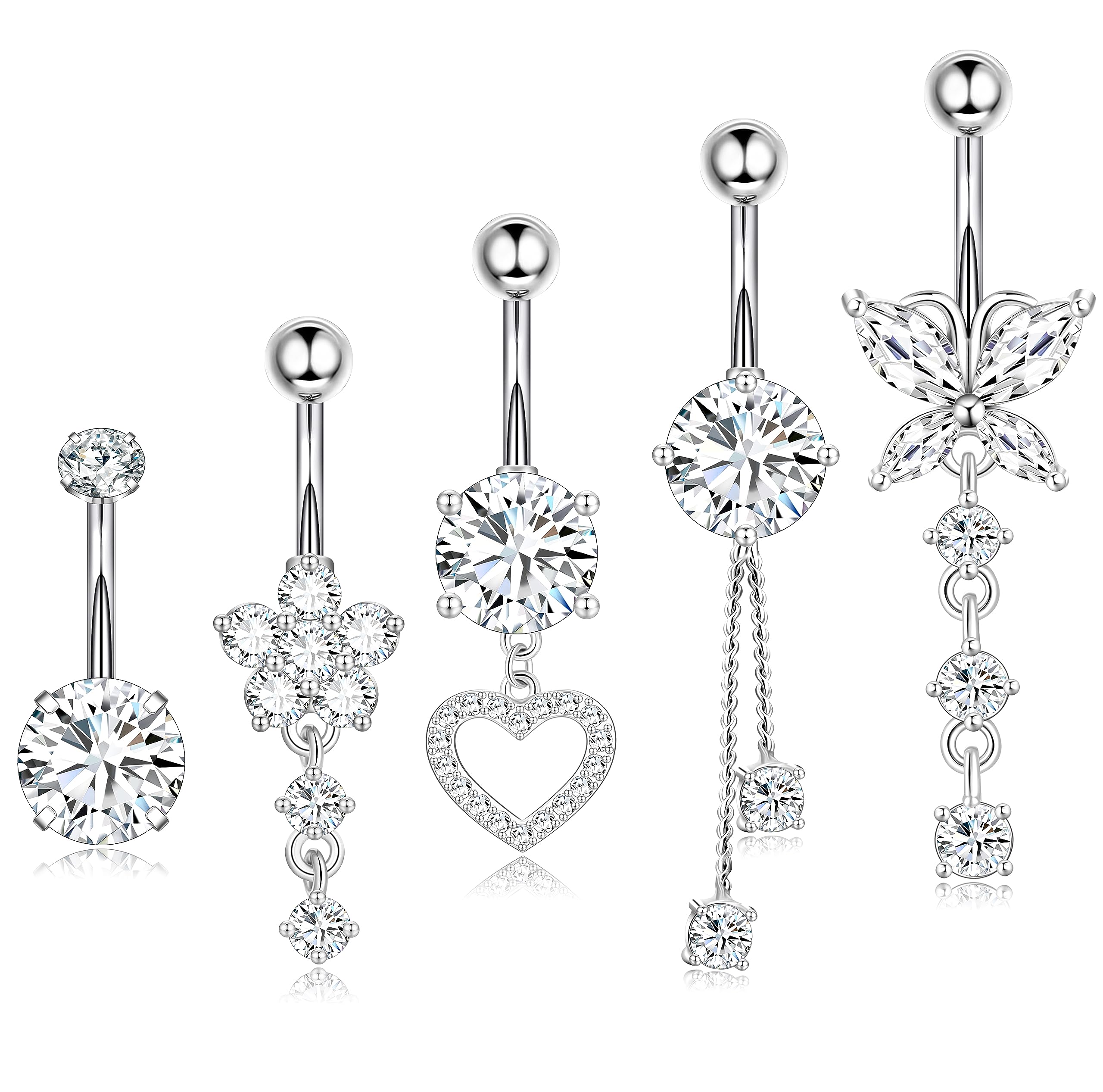 SANNIDHI® Belly Button Rings for Women Stainless Steel Dangle Belly Ring Dangling Piercing Jewelry with Heart Flower Butterfly