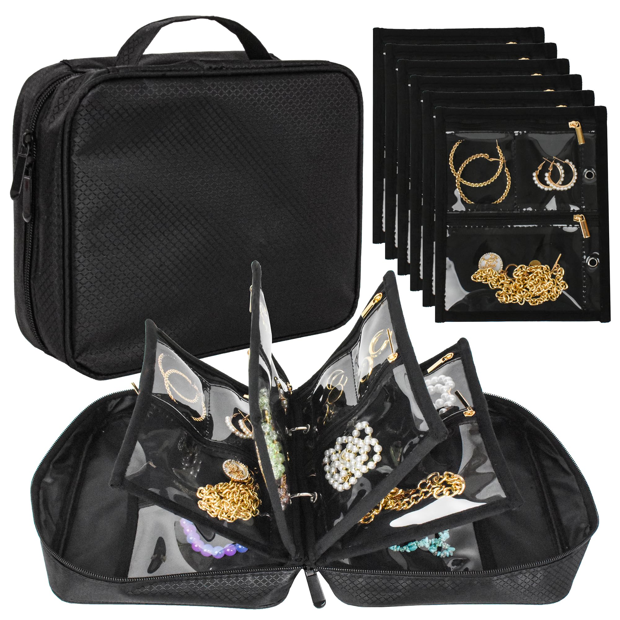 MAYCREATE® Travel Jewelry Organizer Case Bags Jewelry Storage Book Binder with Clear Zipper Velvet Pouch for Traveling,Earrings, Rings, Necklace, Bracelet